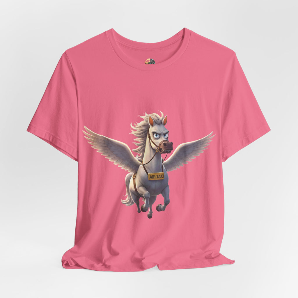 Charity pink t-shirt featuring a cartoon pegasus wearing a sign that reads “Air Taxi”