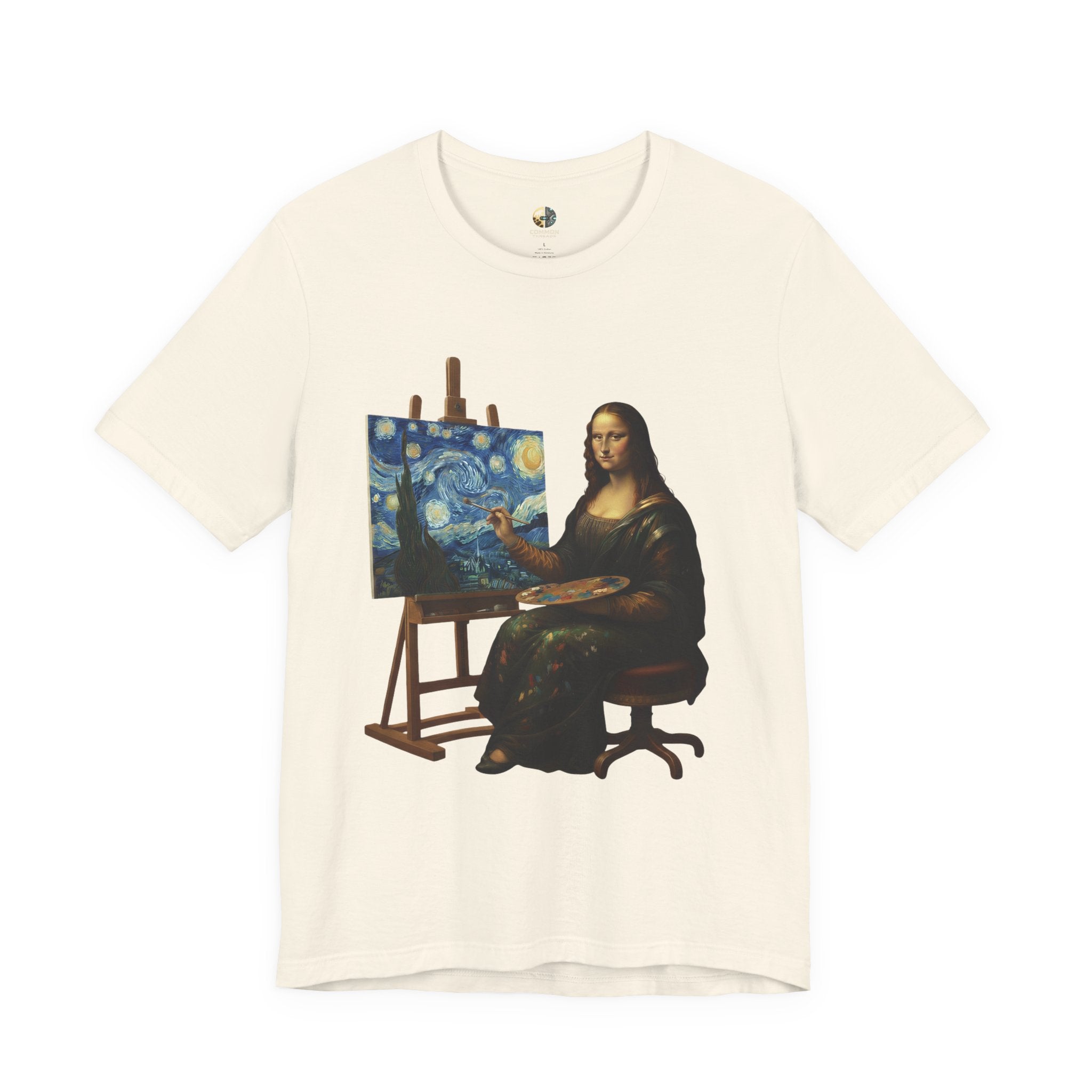 Natural color t-shirt with a graphic of the Mona Lisa painting ‘The Starry Night’
