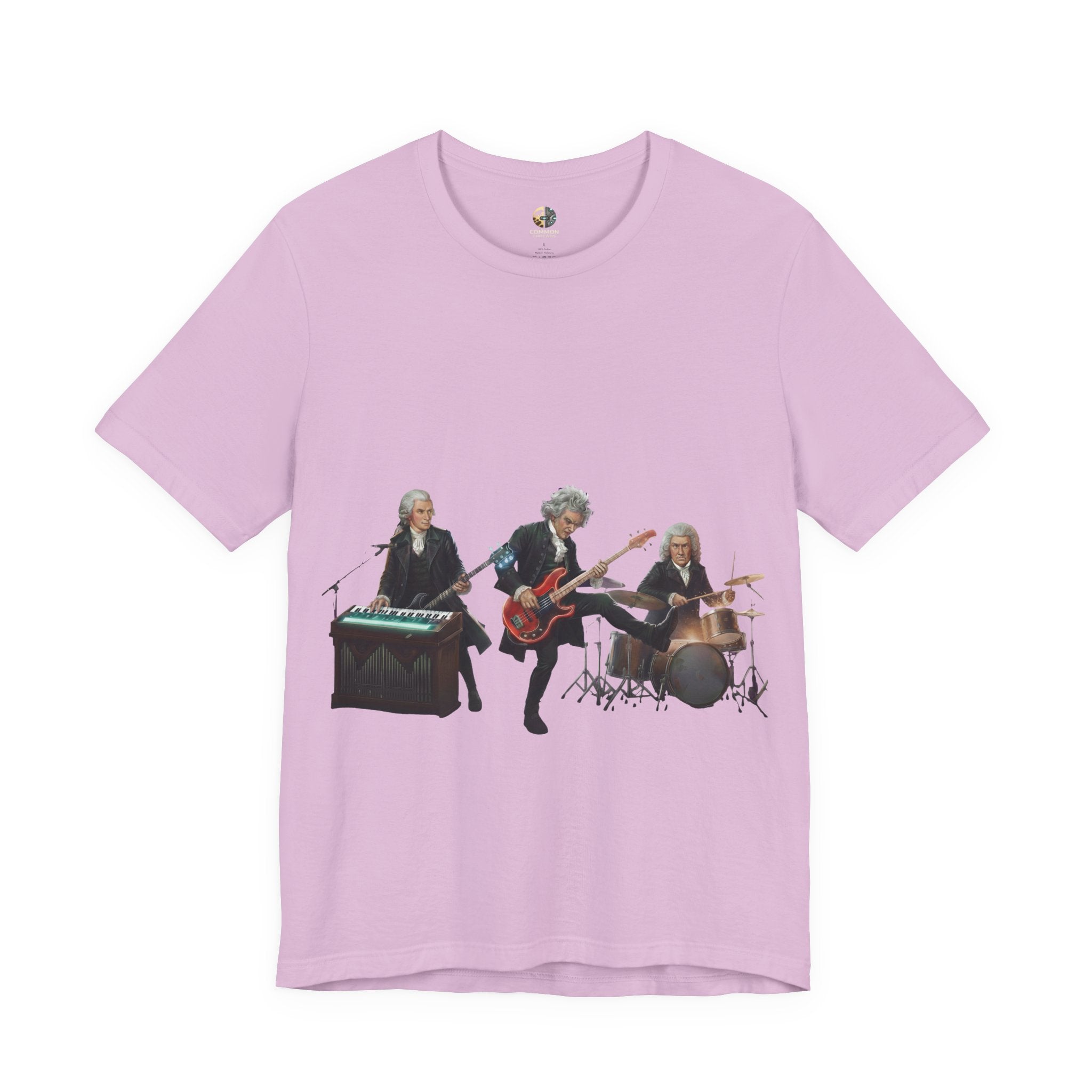 Lilac color t-shirt featuring Mozart on bass and keyboard, Beethoven on electric guitar, and Bach on drums in a rock band scene
