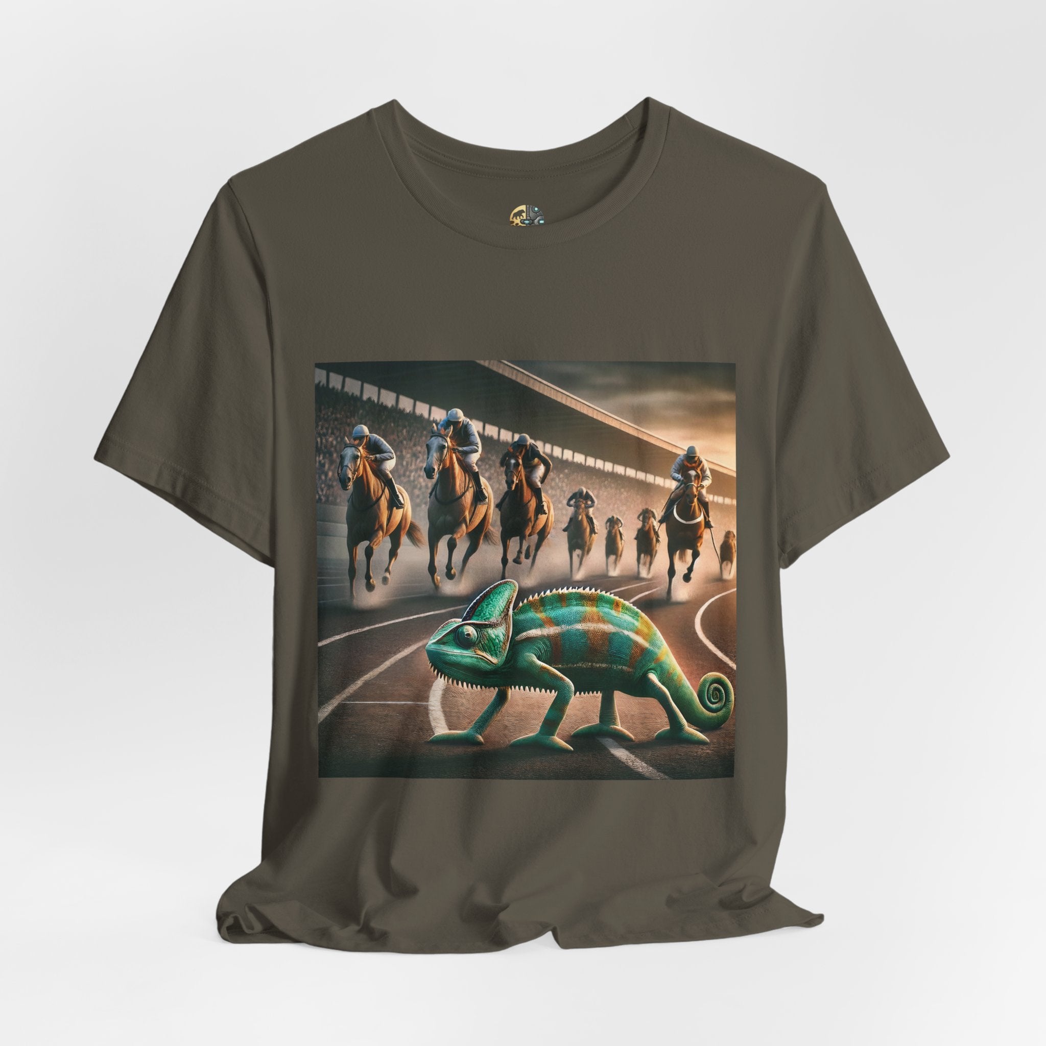 Army-colored T-shirt featuring a chameleon on a racetrack with a pack of racehorses approaching from behind