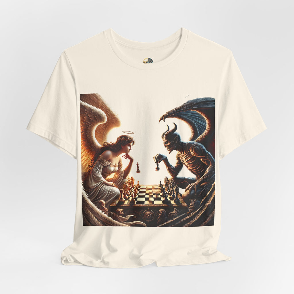 Natural color T-shirt featuring a graphic of an angel and a demon playing chess, with a golden king piece levitating