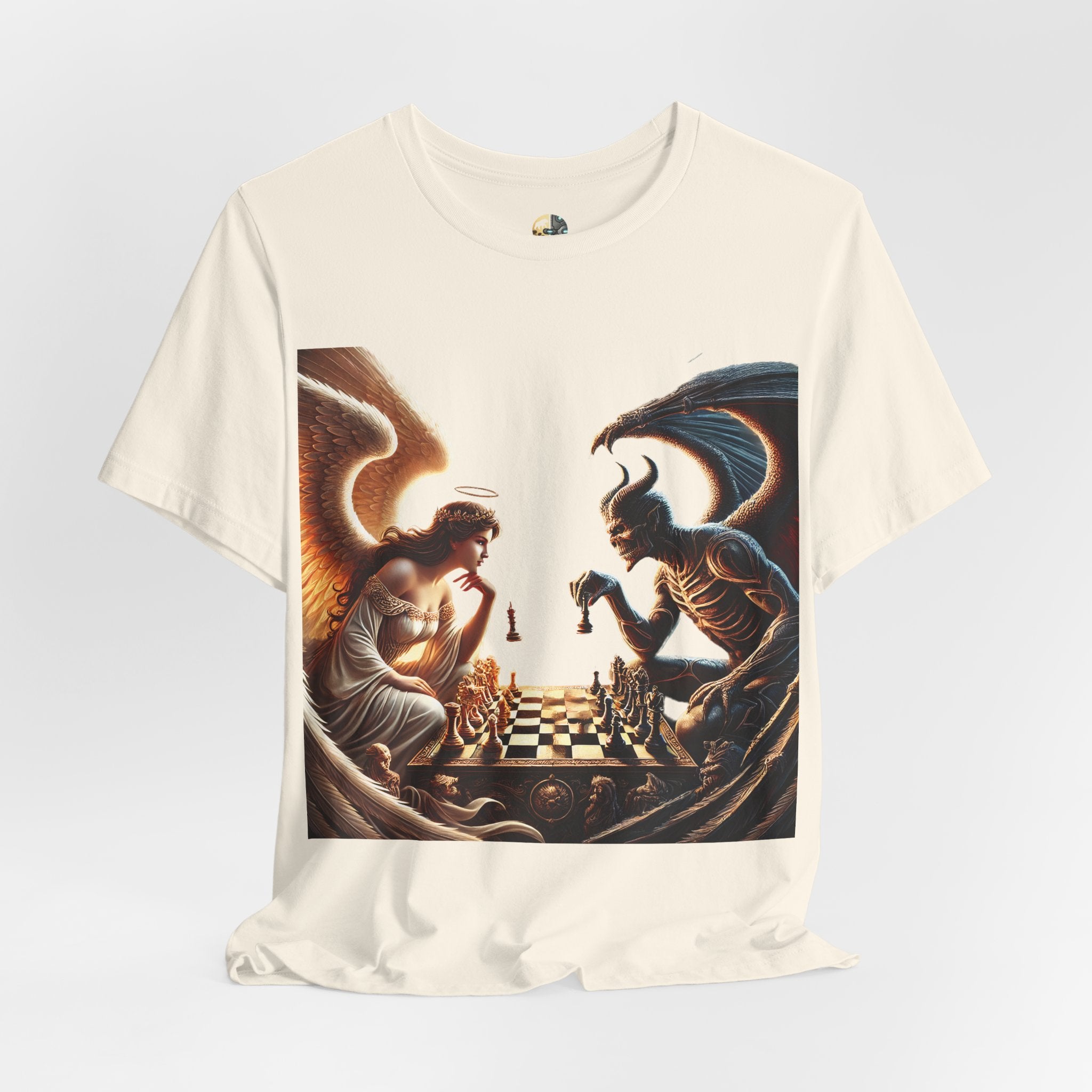 Natural color T-shirt featuring a graphic of an angel and a demon playing chess, with a golden king piece levitating