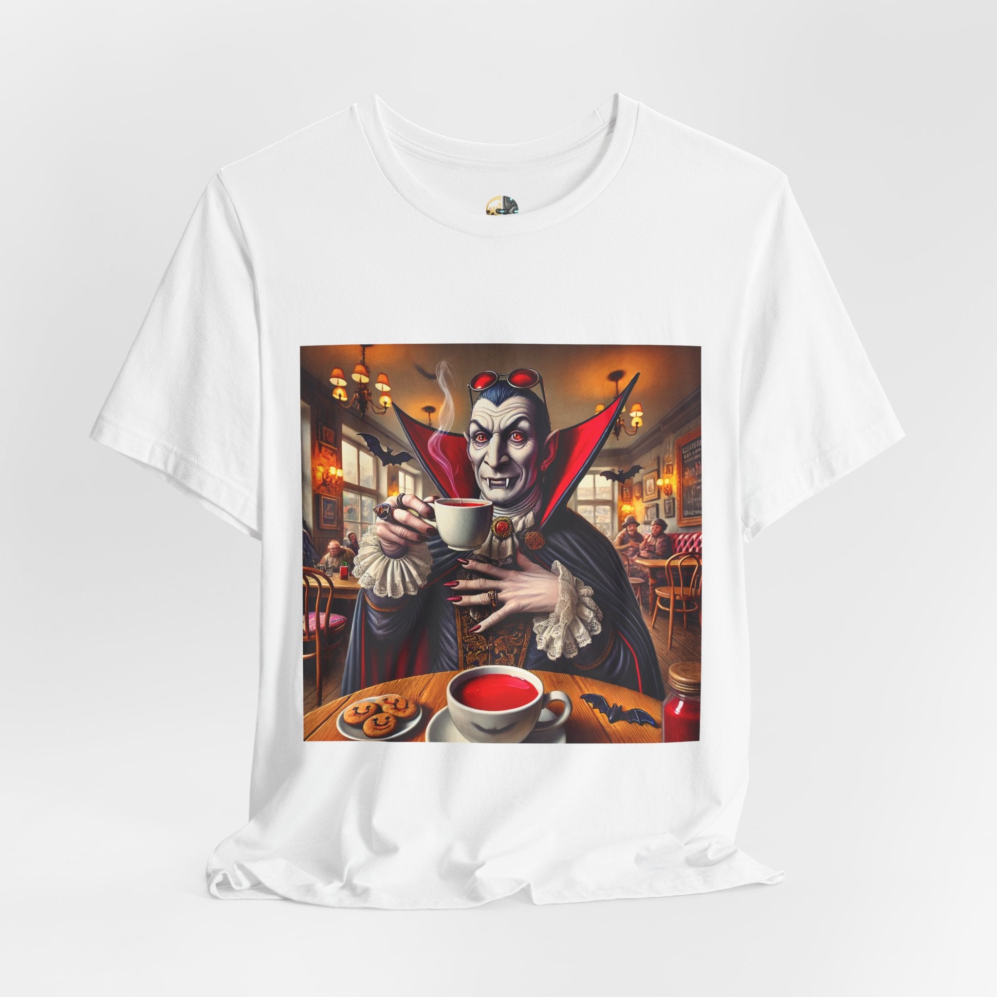 White T-shirt featuring a classic vampire dressed like Count Dracula sitting in a café, wearing red sunglasses and drinking from a teacup filled with red liquid