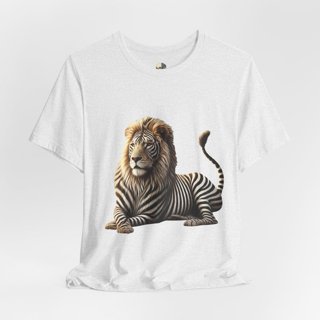 Ash color T-shirt with graphic of a lion with zebra stripes