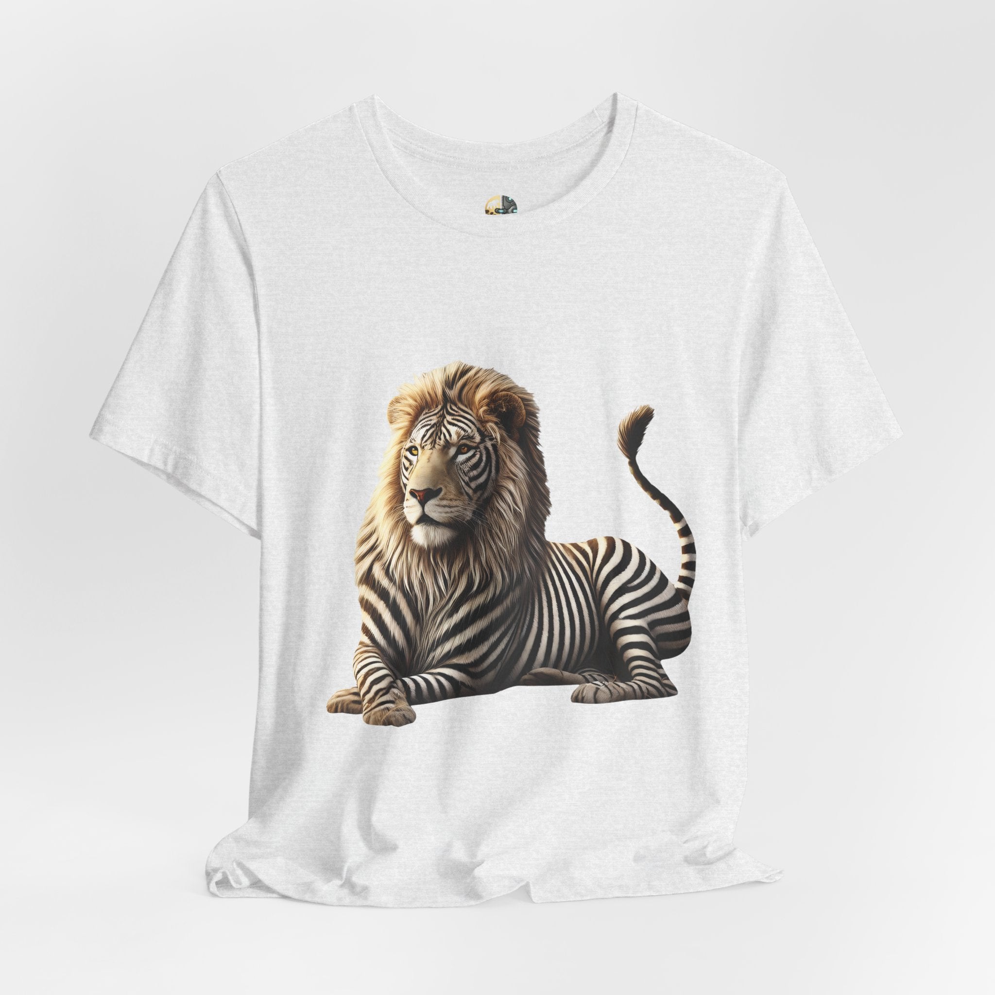 Ash color T-shirt with graphic of a lion with zebra stripes