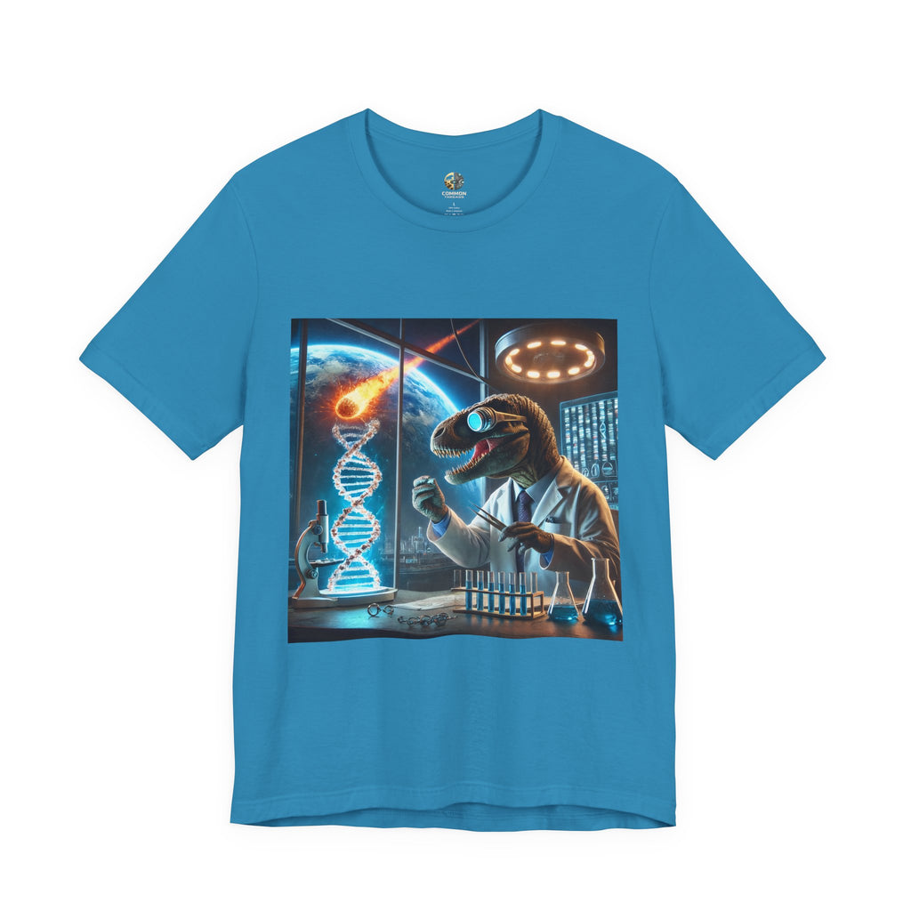 Aqua blue t-shirt featuring a dinosaur in a space lab conducting experiments, with Earth visible outside being hit by a meteor