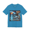 Aqua blue t-shirt featuring a dinosaur in a space lab conducting experiments, with Earth visible outside being hit by a meteor