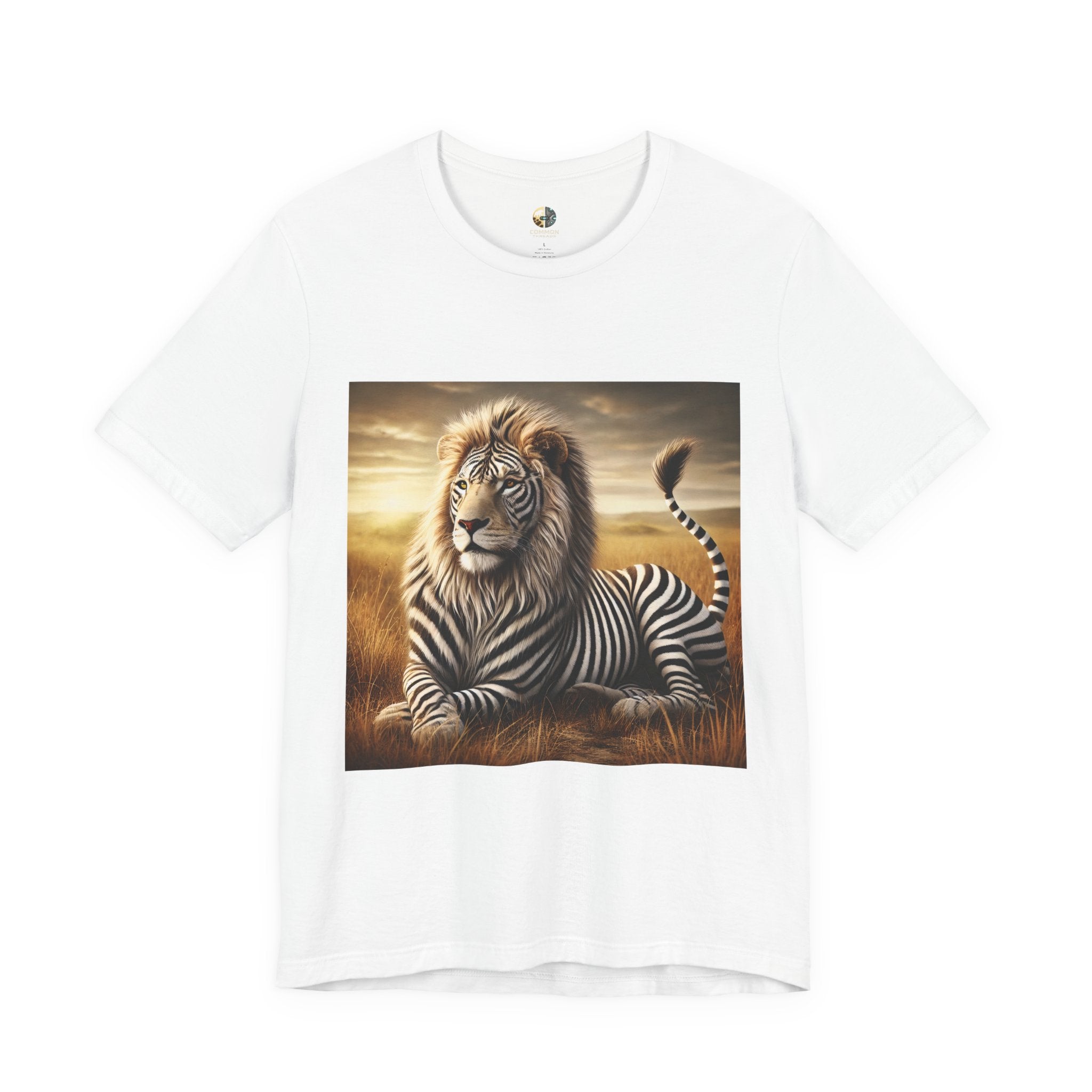 White T-shirt featuring a lion with distinctive zebra-like stripes lying on dry savanna grass under a clear sky