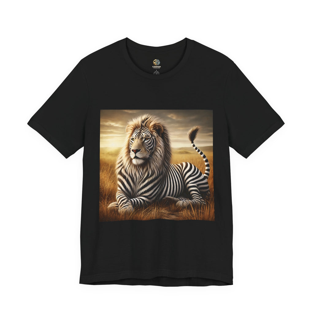 Black T-shirt featuring a lion with distinctive zebra-like stripes lying on dry savanna grass under a clear sky