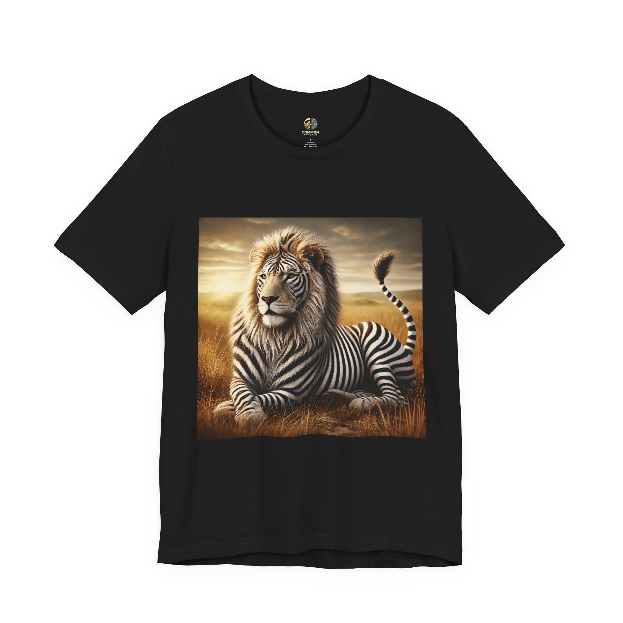 Black T-shirt featuring a lion with distinctive zebra-like stripes lying on dry savanna grass under a clear sky
