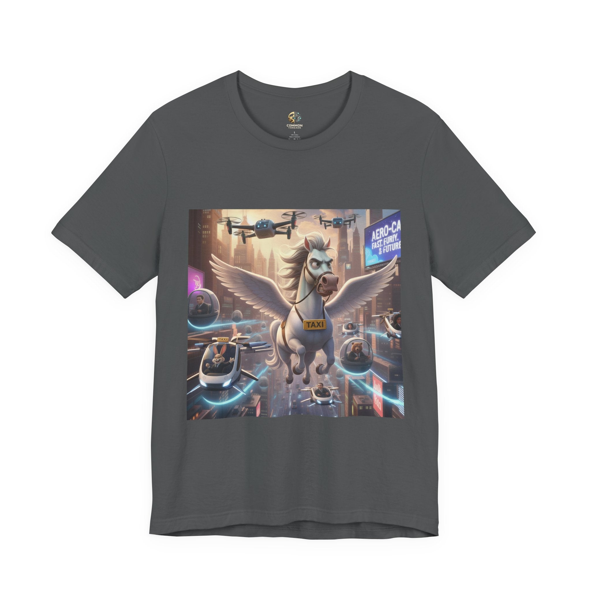 Asphalt grey t-shirt featuring a winged horse in a futuristic cityscape, with a sky full of airborne vehicles