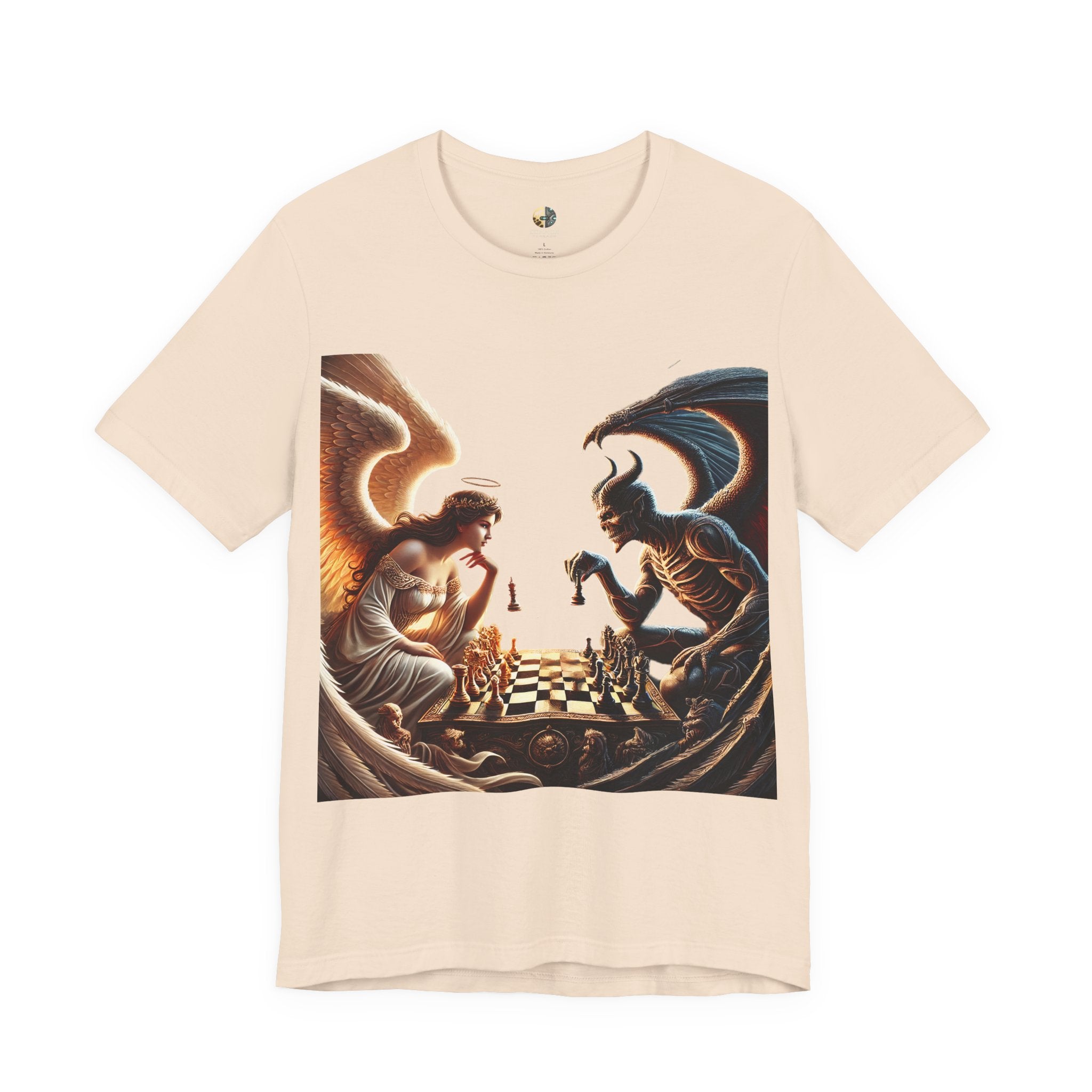 Soft creme T-shirt featuring a graphic of an angel and a demon playing chess, with a golden king piece levitating
