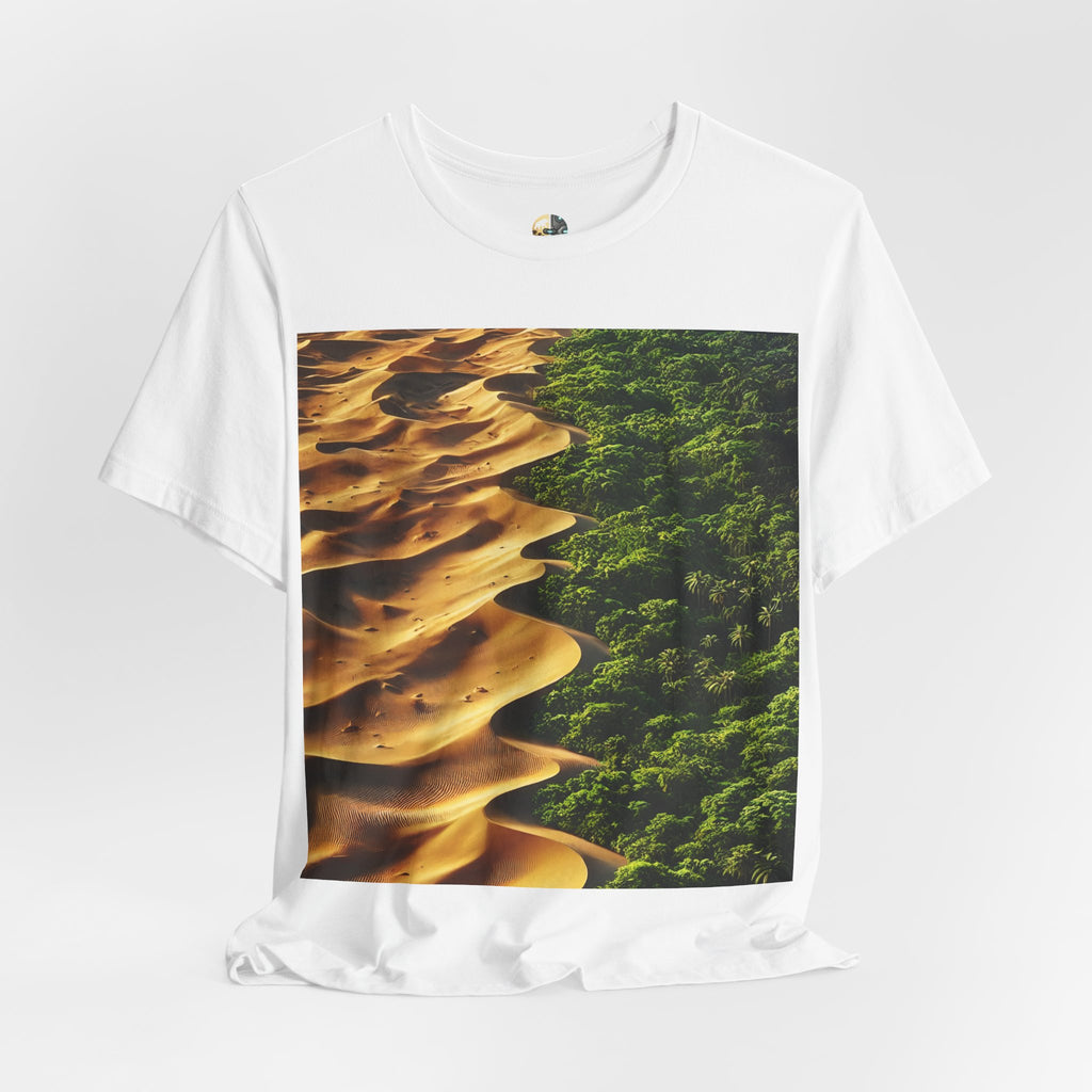 White T-shirt featuring a split landscape with golden desert sand dunes on one side and a dense green rainforest on the other