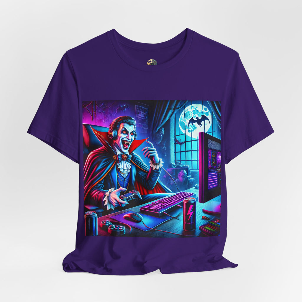 A purple t-shirt of a vampire playing video games in night time