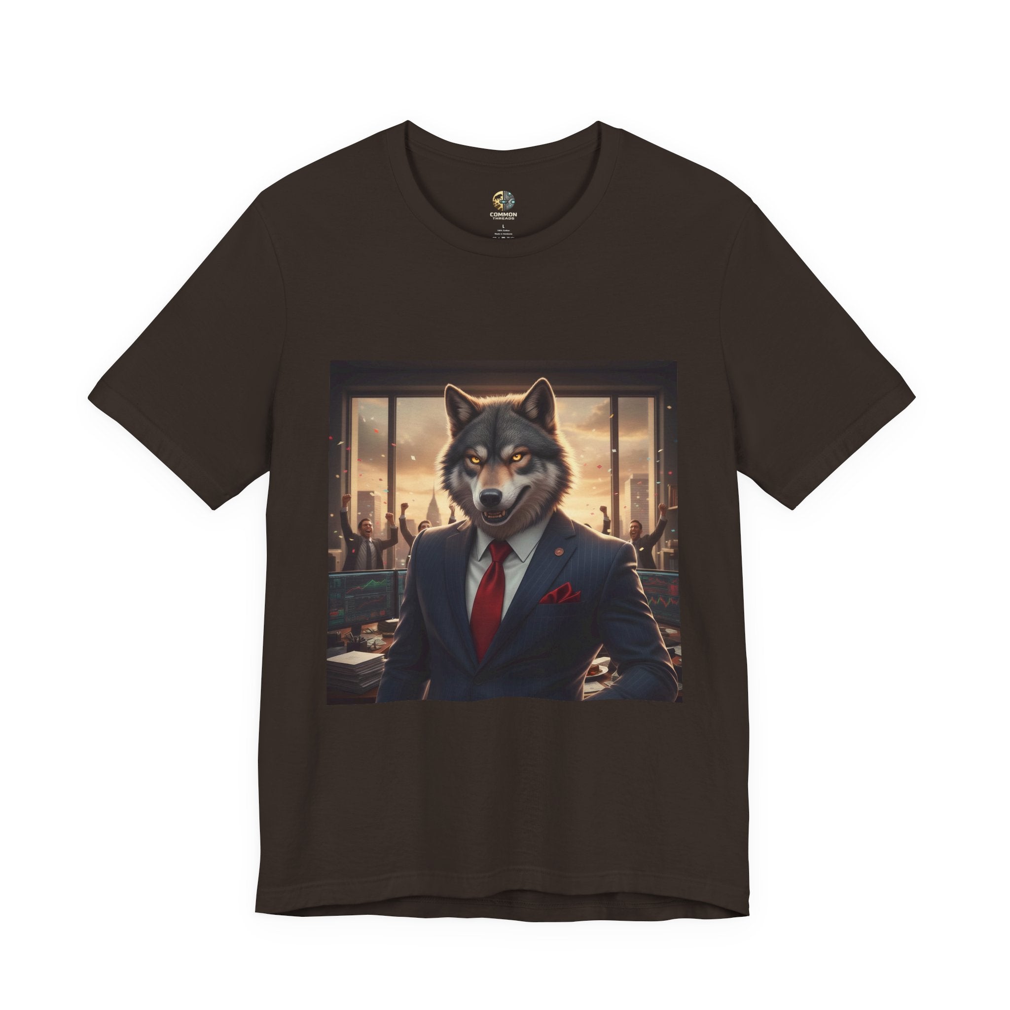 Brown T-shirt featuring a graphic of a wolf dressed as a stockbroker in a suit and red tie, standing in a high-rise office with celebrating traders in the background