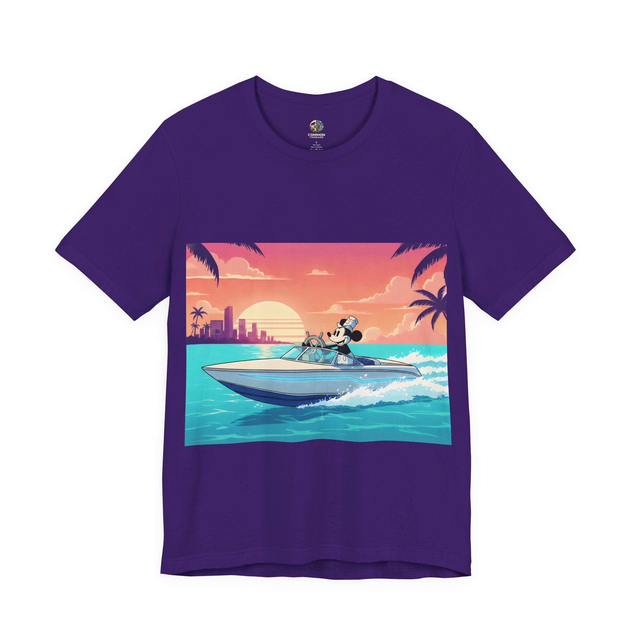 Purple t-shirt with A 1920s-style riverboat mouse captain piloting a modern speedboat against a neon 1980s Miami-style sunset and skyline