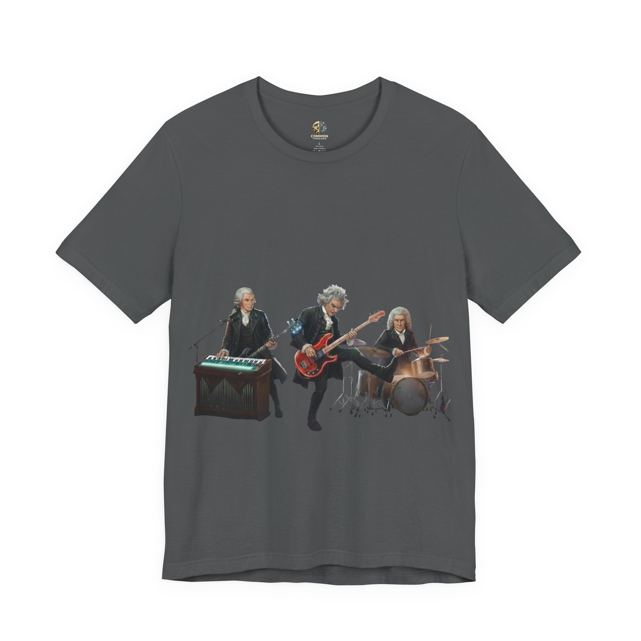 Asphalt grey t-shirt featuring Mozart on bass and keyboard, Beethoven on electric guitar, and Bach on drums in a rock band scene