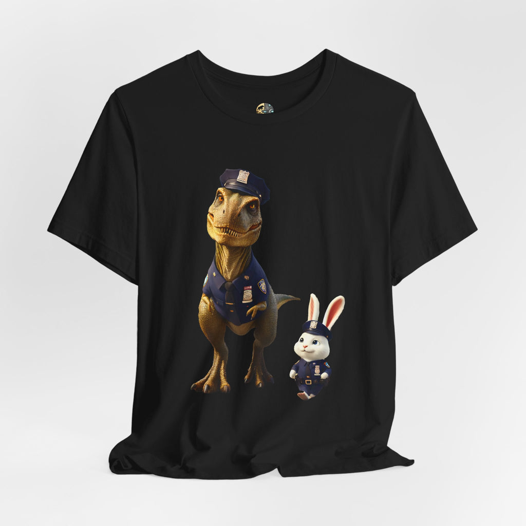 Black T-shirt showing a T-Rex and a bunny dressed as police officers standing together