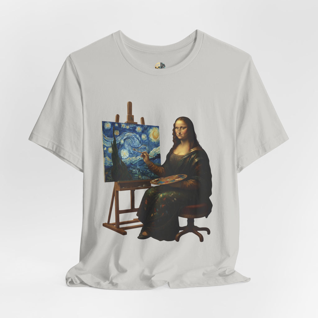 Silver t-shirt with a graphic of the Mona Lisa painting ‘The Starry Night’