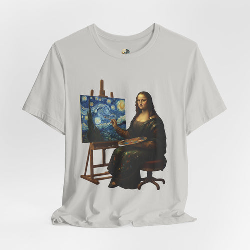 Silver t-shirt with a graphic of the Mona Lisa painting ‘The Starry Night’