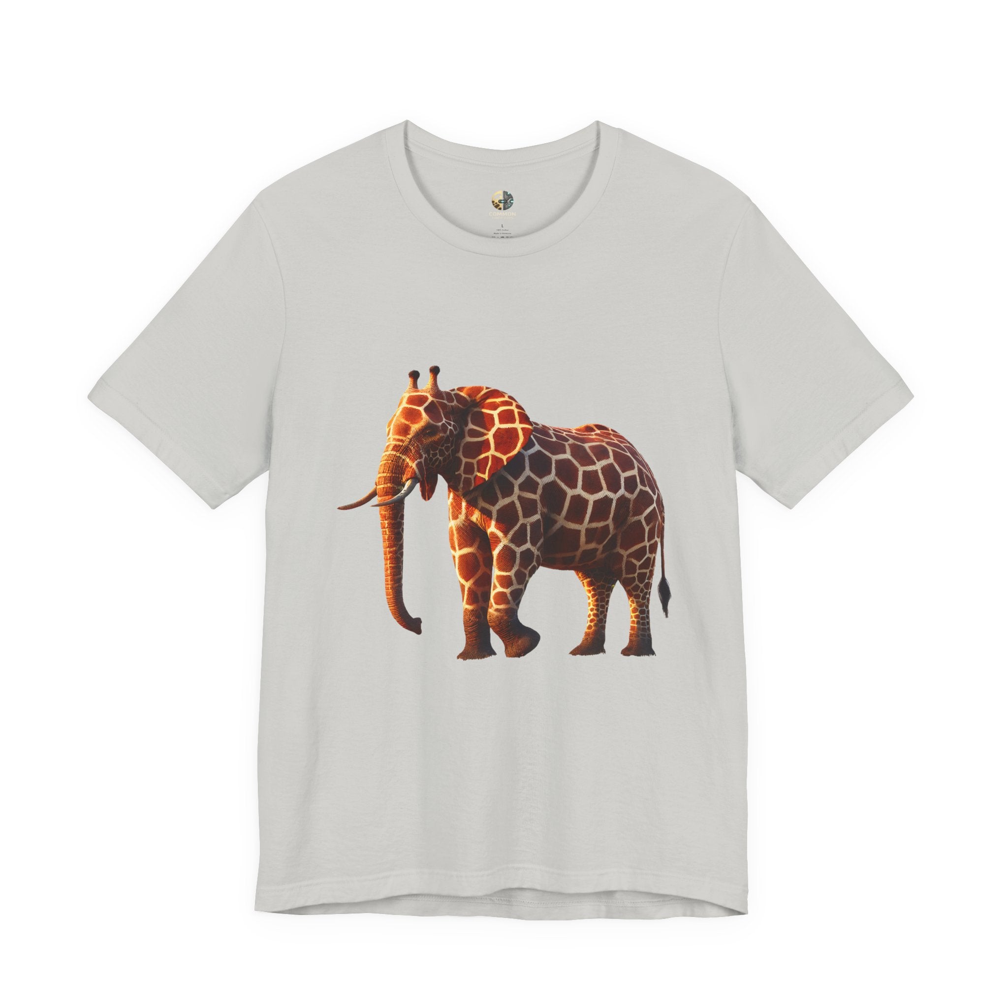 Silver T-shirt featuring an elephant–giraffe hybrid with giraffe patterns and small ossicones.