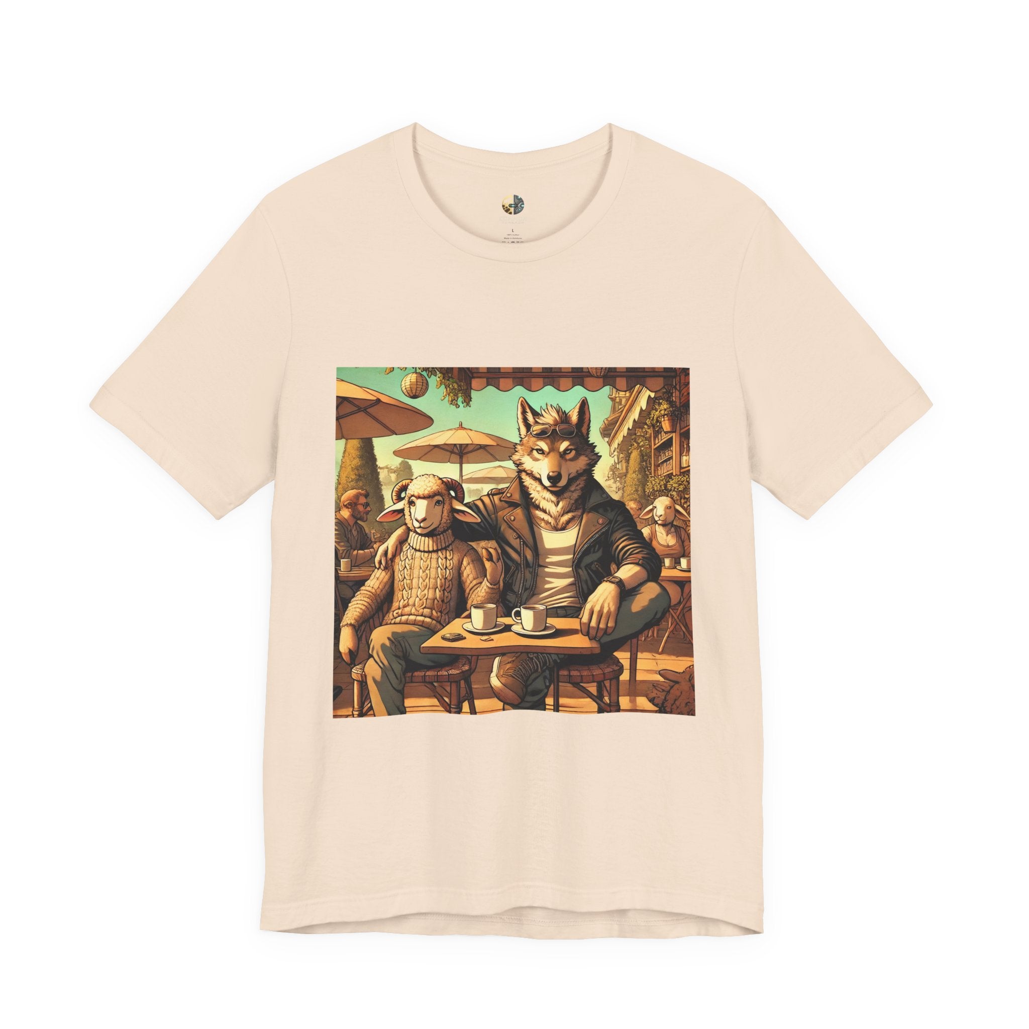 Soft creme T-shirt featuring an anthropomorphic wolf and lamb seated at a café table in warm, painterly style