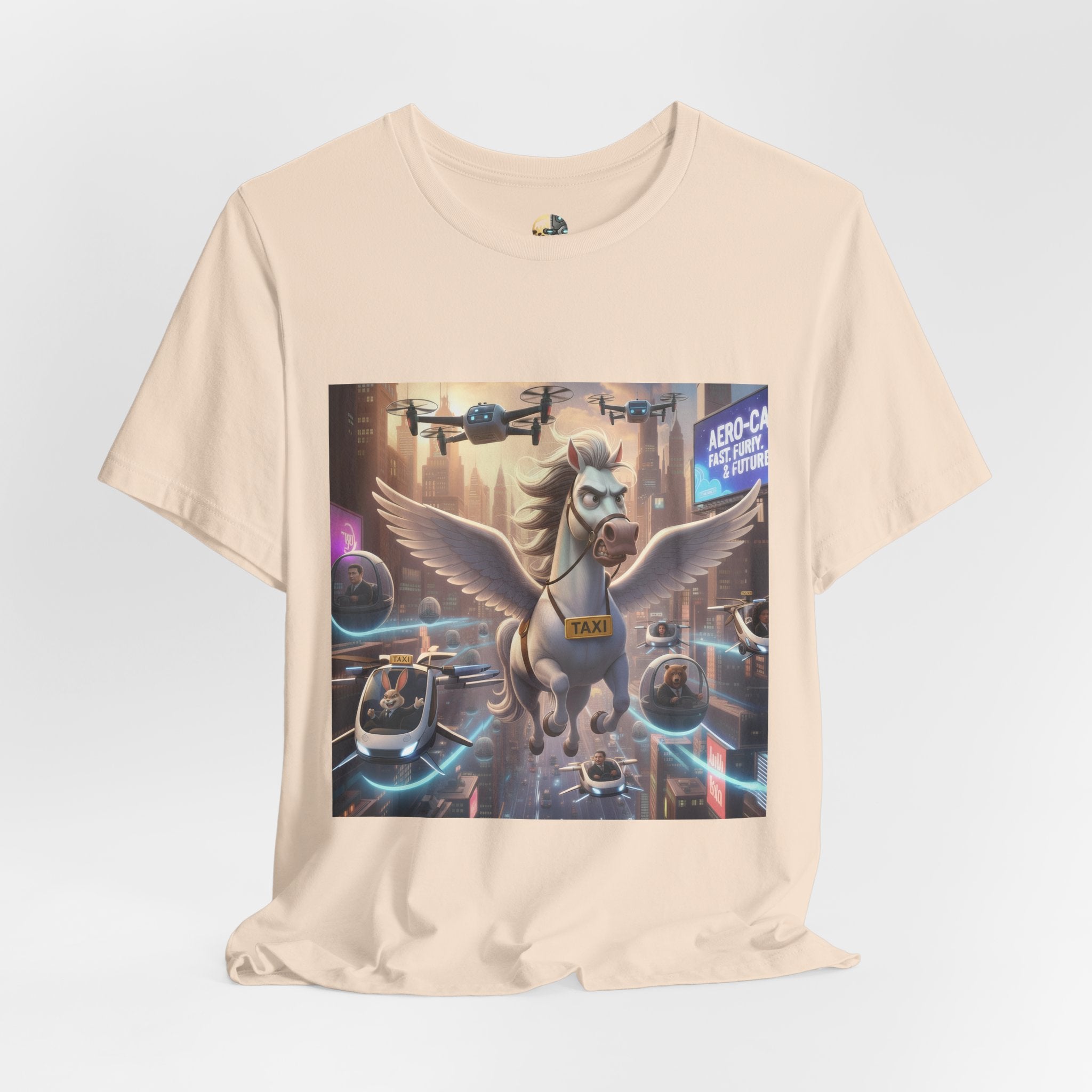 Soft creme color t-shirt featuring a winged horse in a futuristic cityscape, with a sky full of airborne vehicles