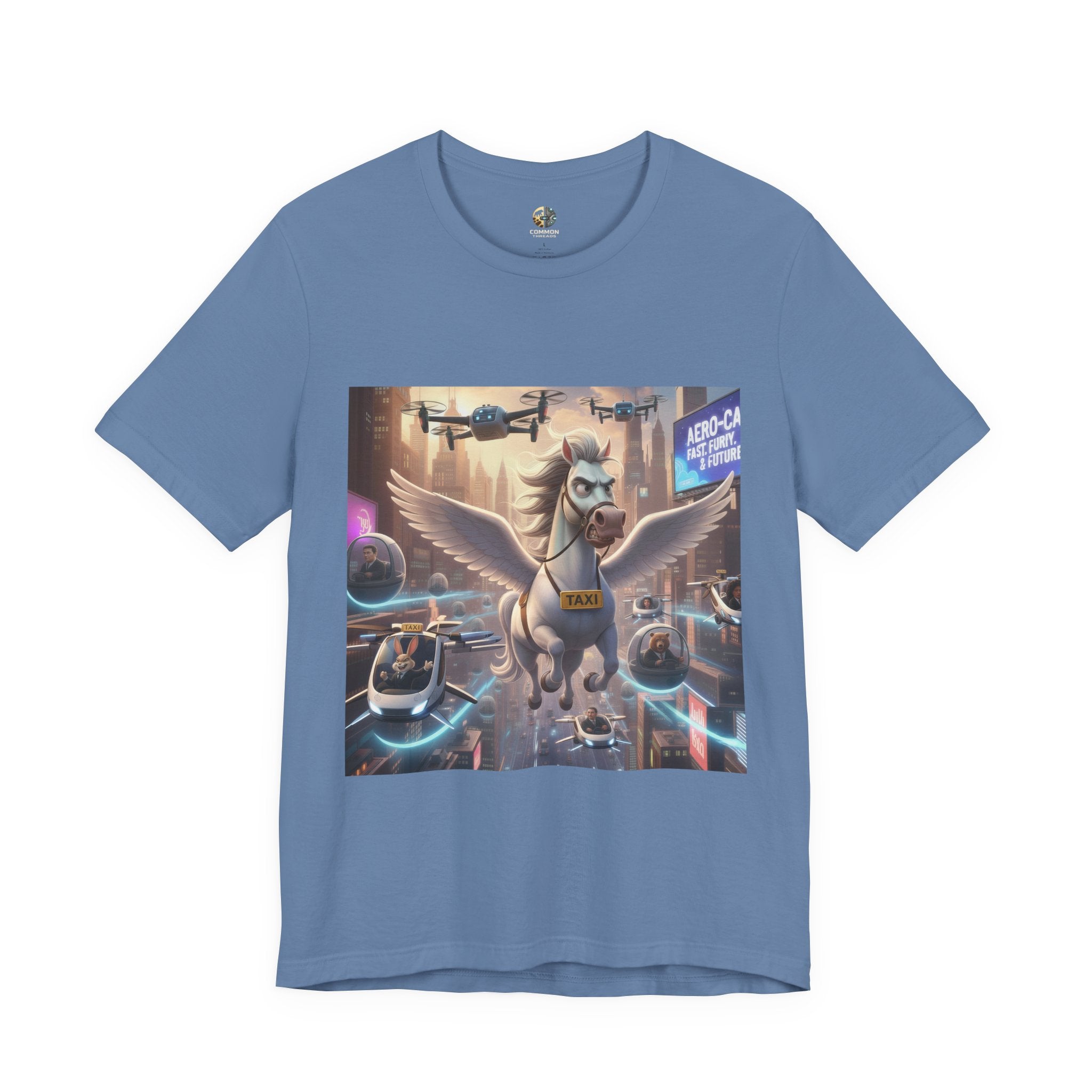 Lavender blue t-shirt featuring a winged horse in a futuristic cityscape, with a sky full of airborne vehicles