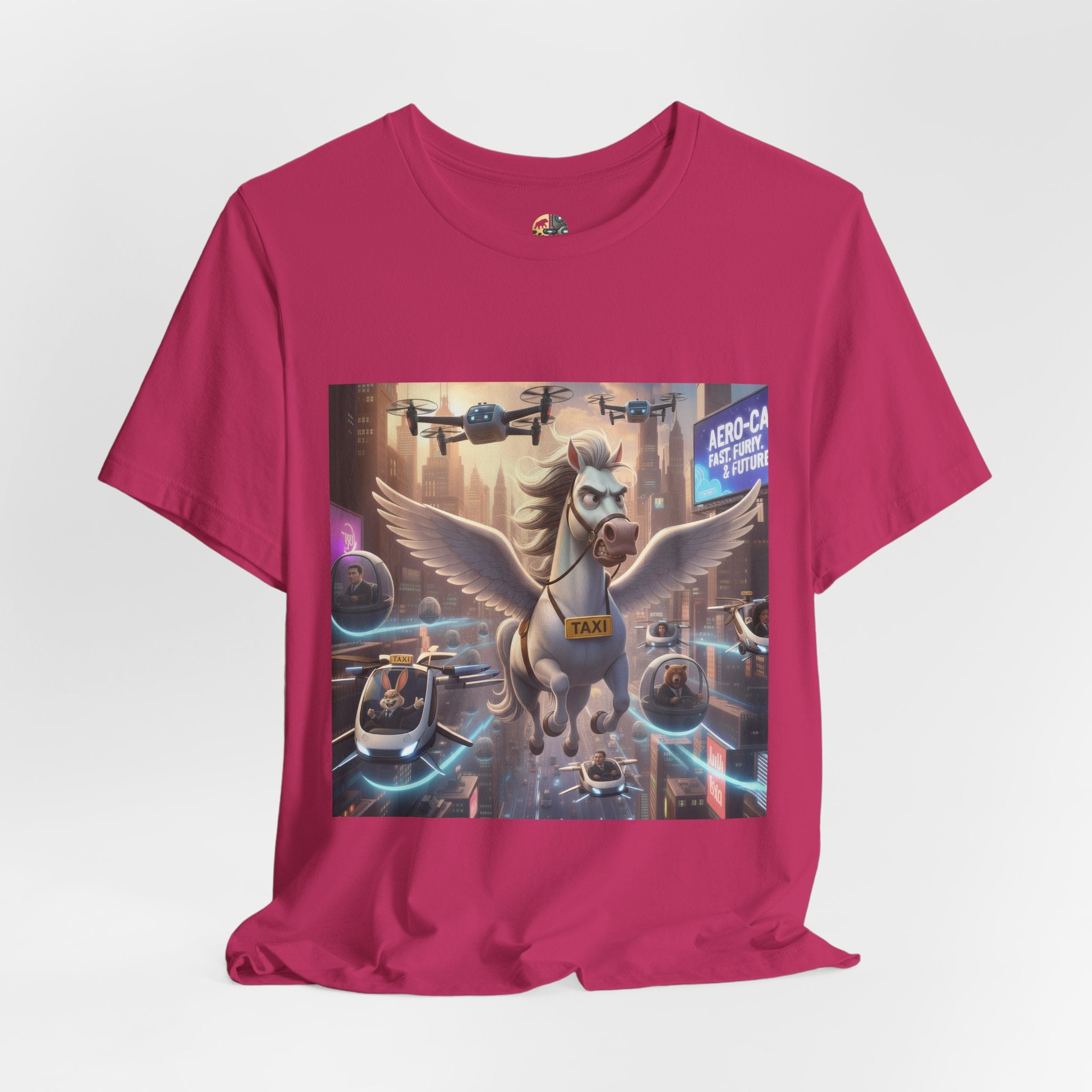 Berry color t-shirt featuring a winged horse in a futuristic cityscape, with a sky full of airborne vehicles