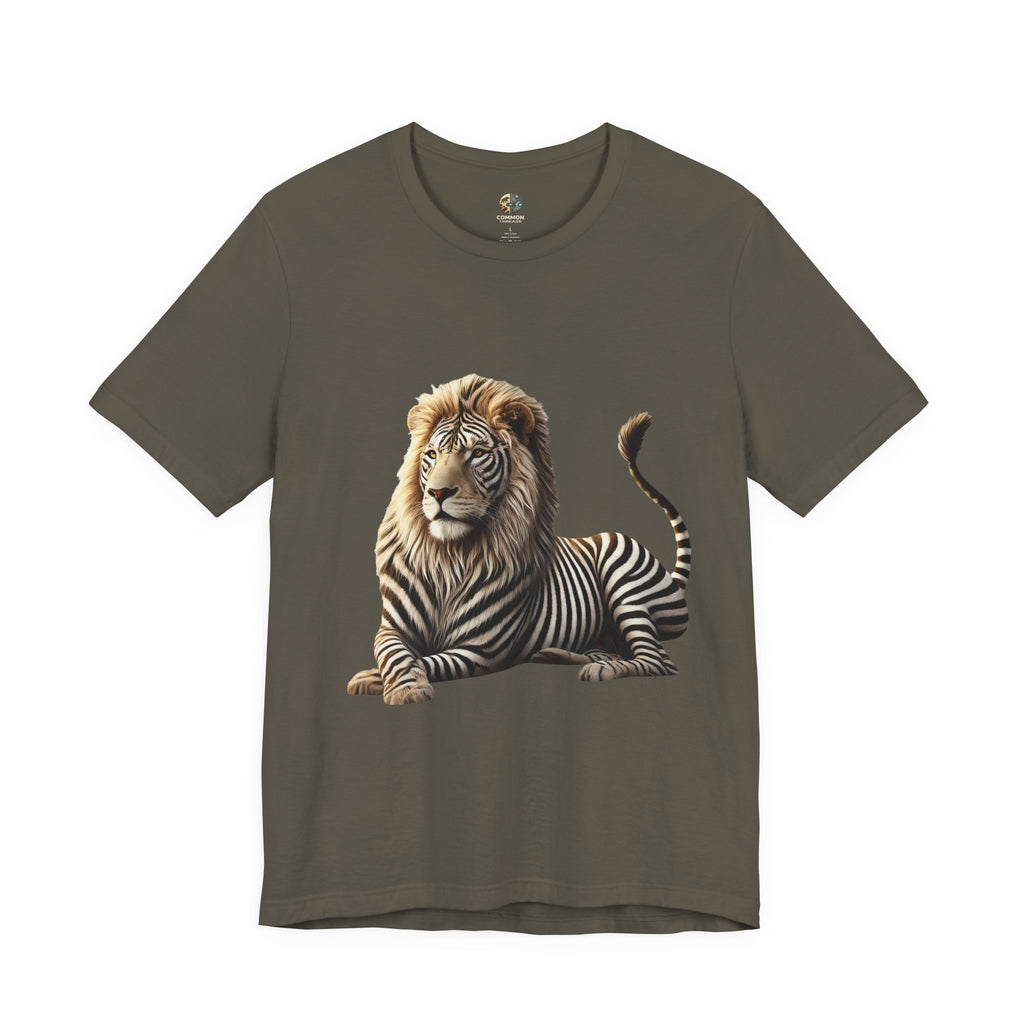 Army color T-shirt with graphic of a lion with zebra stripes
