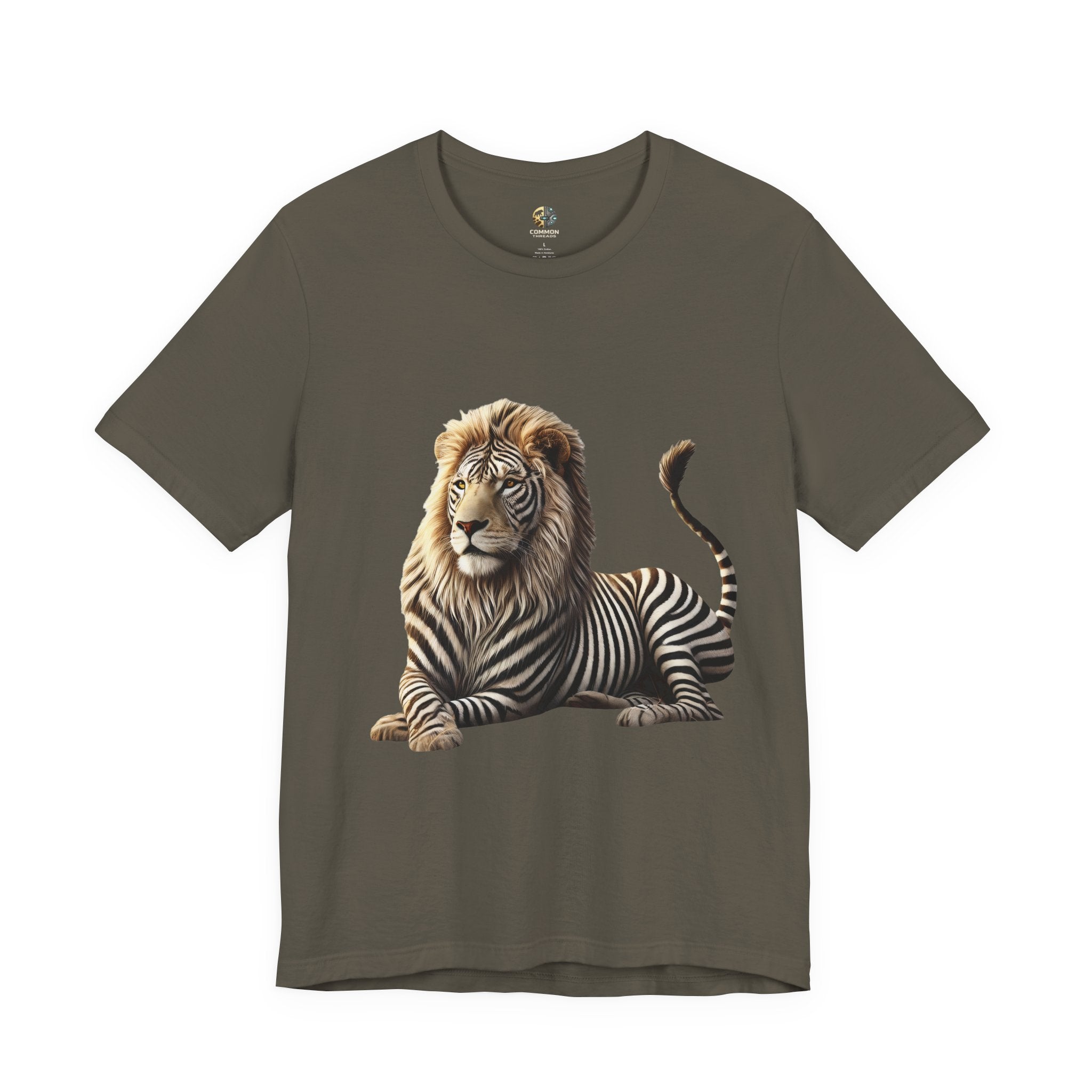 Army color T-shirt with graphic of a lion with zebra stripes