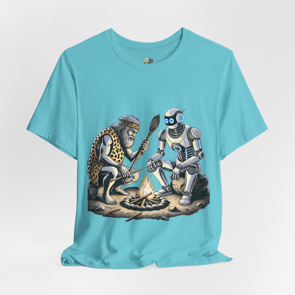 Caveman and Robot by Campfire T-Shirt | Stone Age Meets Space Age Graphic Tee  | Humorous Prehistoric vs Futuristic Illustration