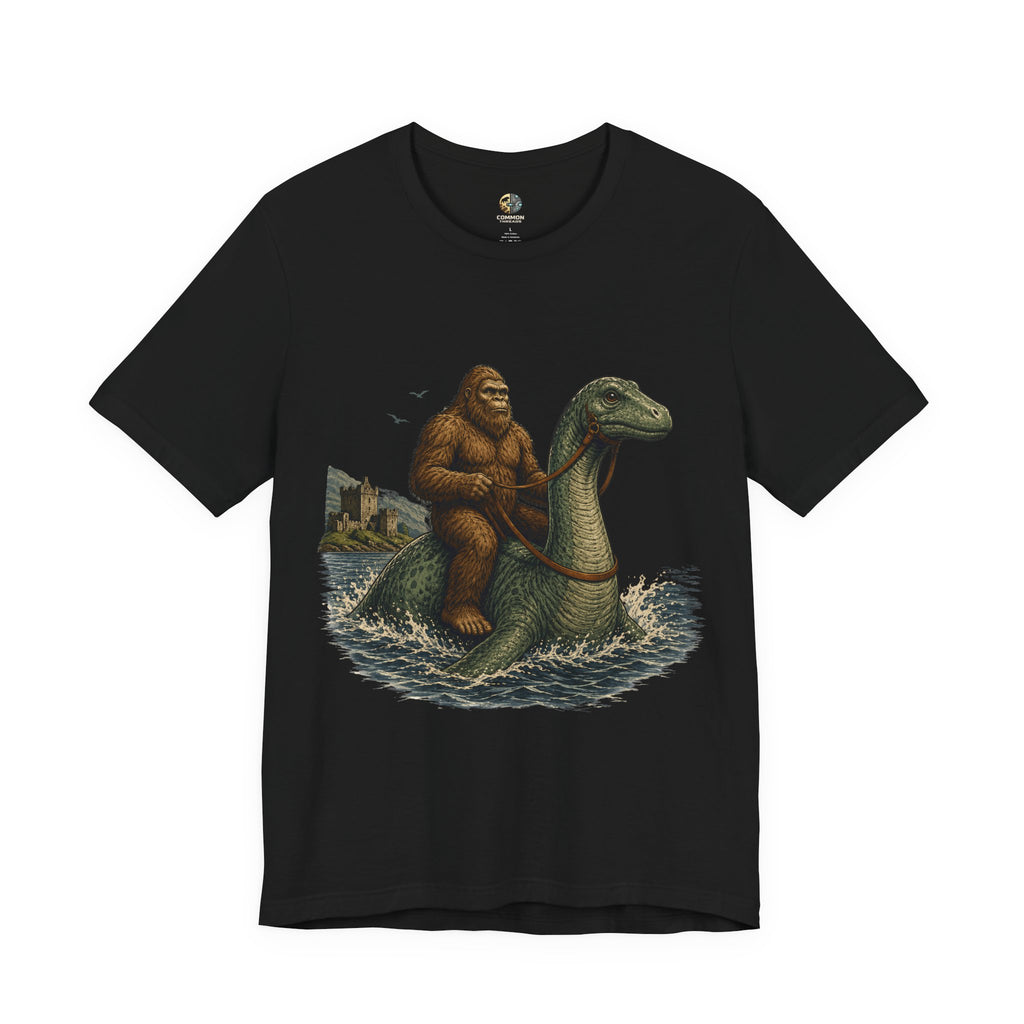 Black t-shirt featuring bigfoot riding on the Loch Ness monster