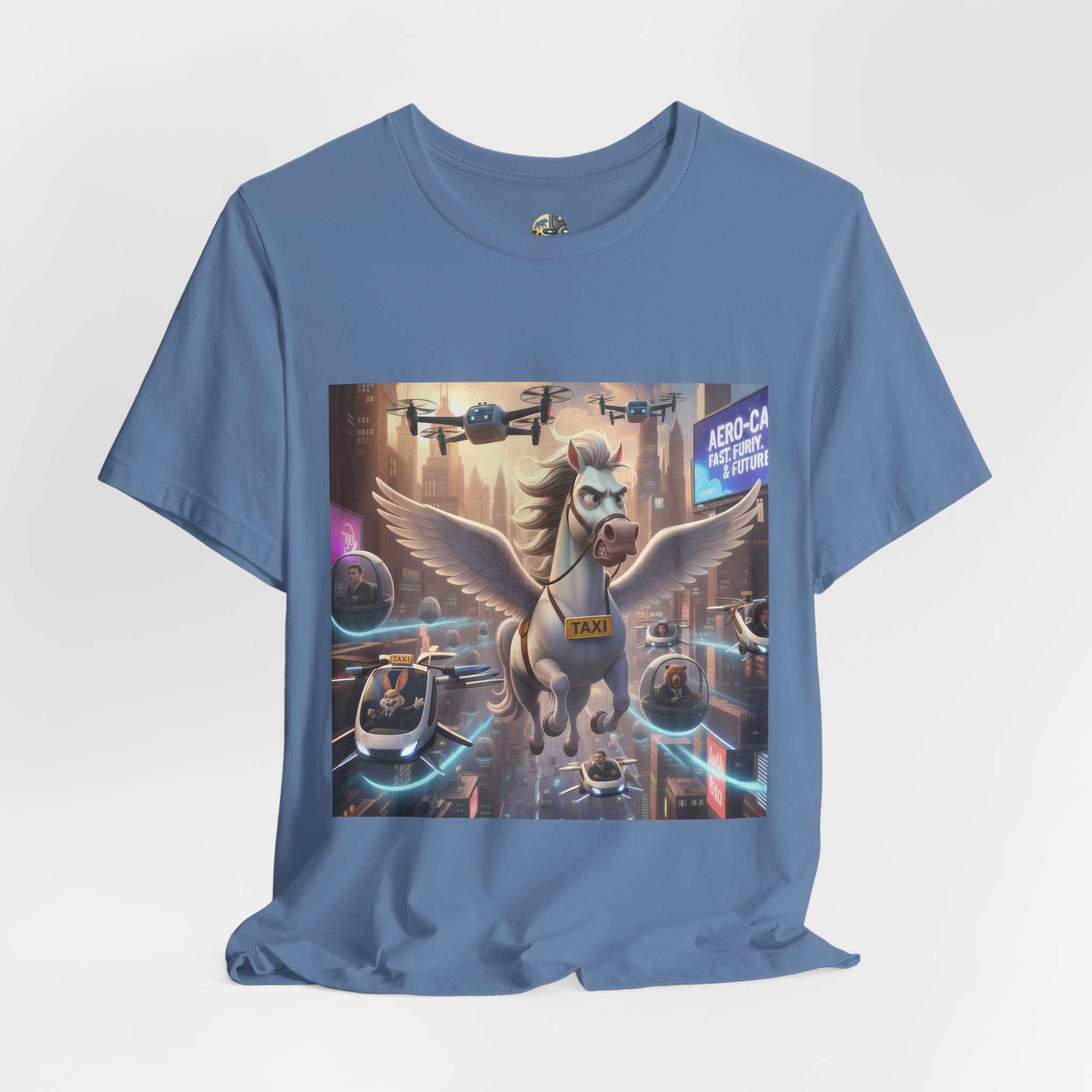 Lavender blue t-shirt featuring a winged horse in a futuristic cityscape, with a sky full of airborne vehicles