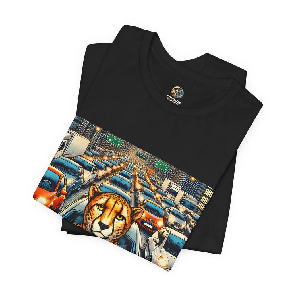 Cheetah in Traffic T-Shirt | World's Fastest Animal in Gridlock | Funny Irony Urban Wildlife Illustration