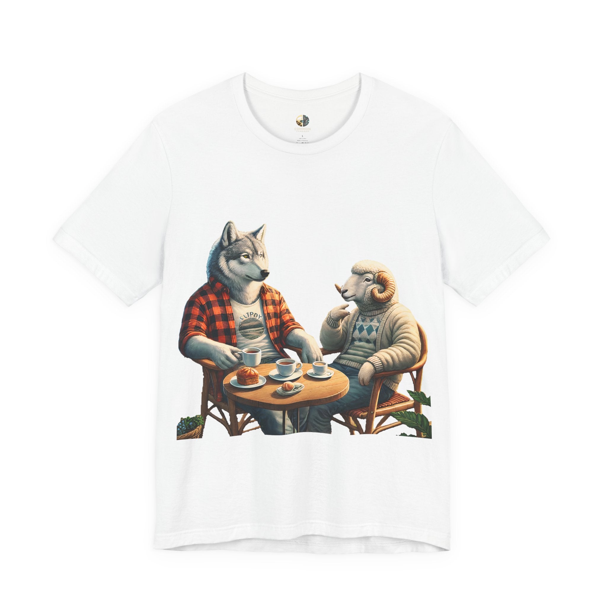 White T-shirt featuring an anthropomorphic wolf in a flannel shirt and a ram in a patterned sweater sitting at a café table with coffee