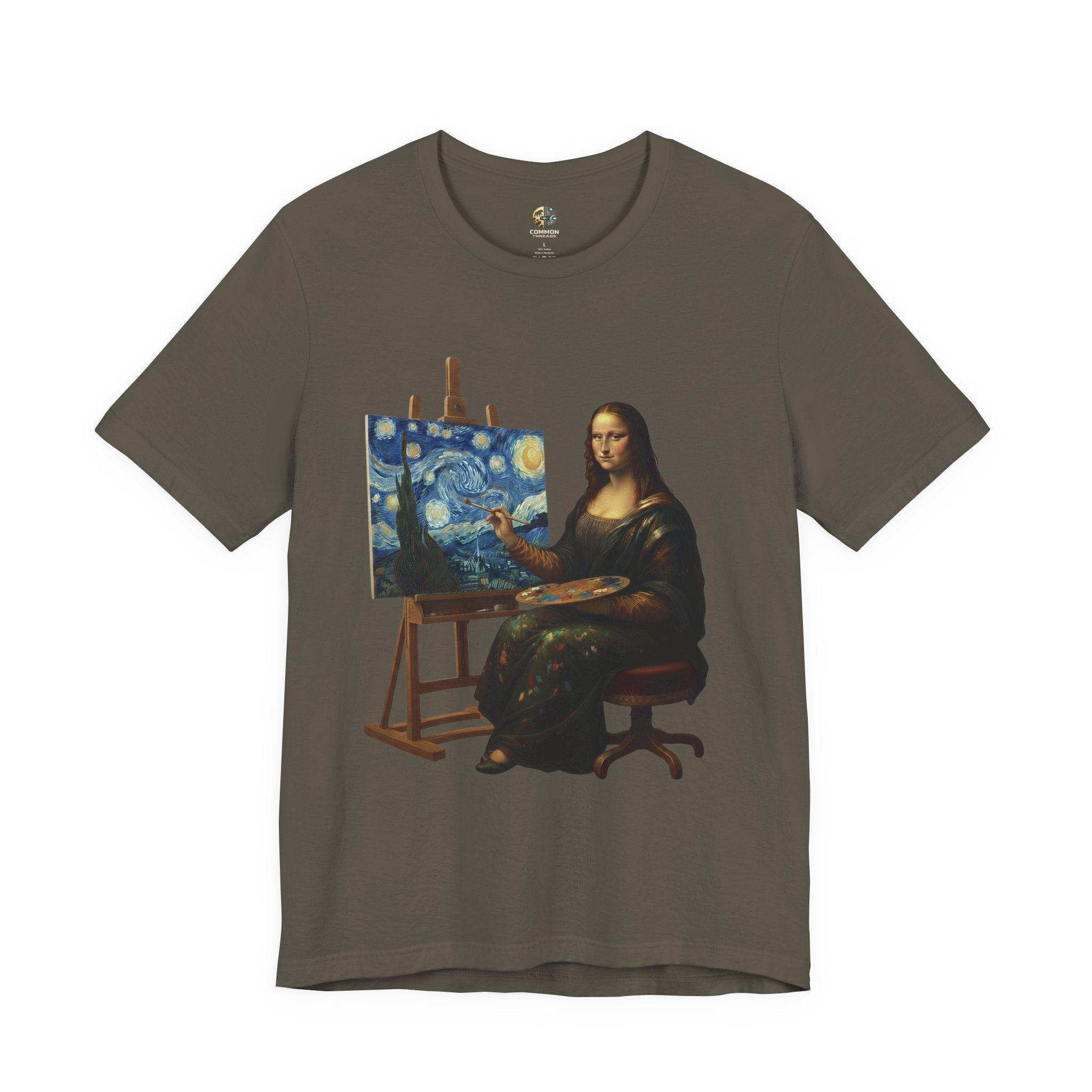 Army green color t-shirt with a graphic of the Mona Lisa painting ‘The Starry Night’