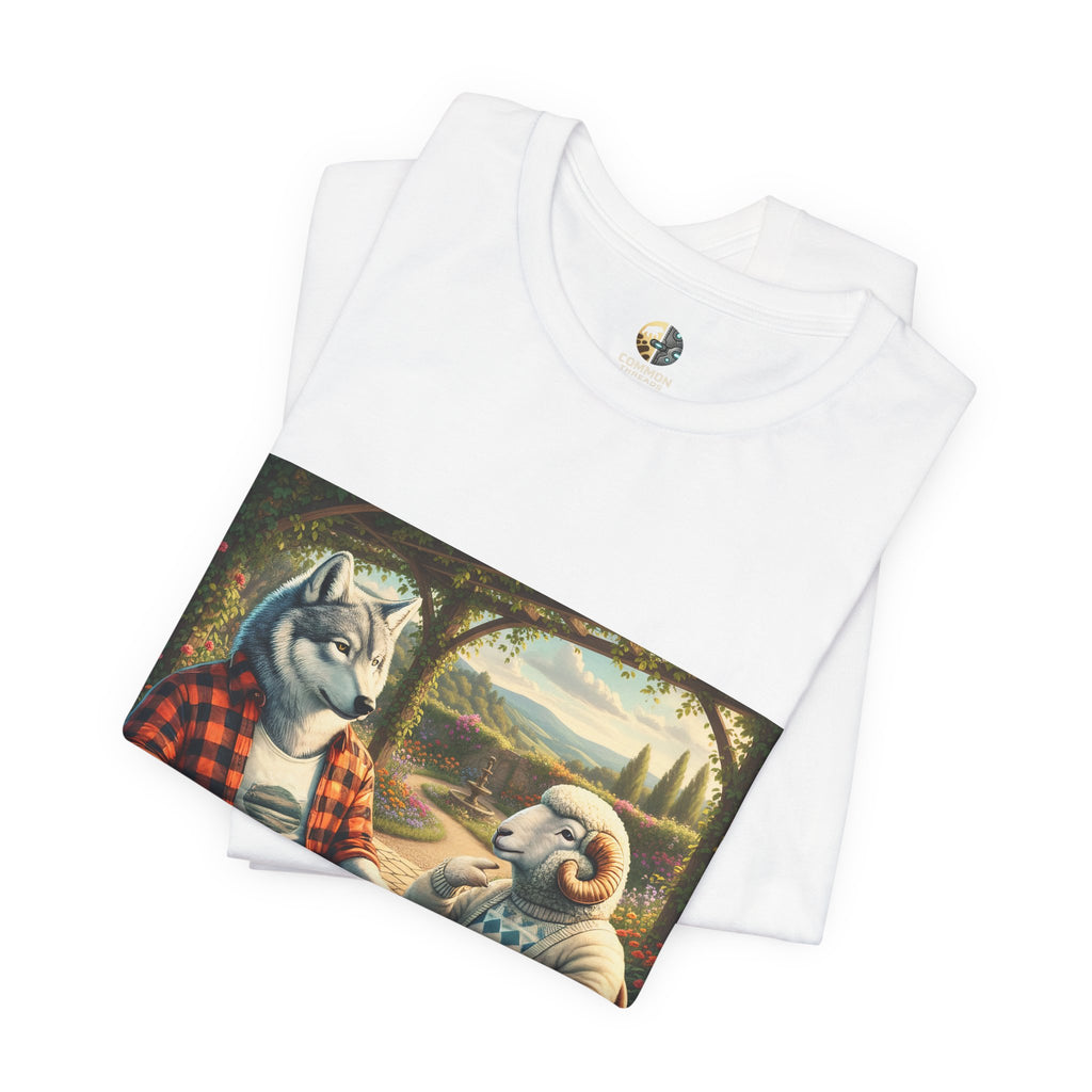 Wolf and Ram Cafe Scene Tee | Anthropomorphic Animals, Tea Time Art