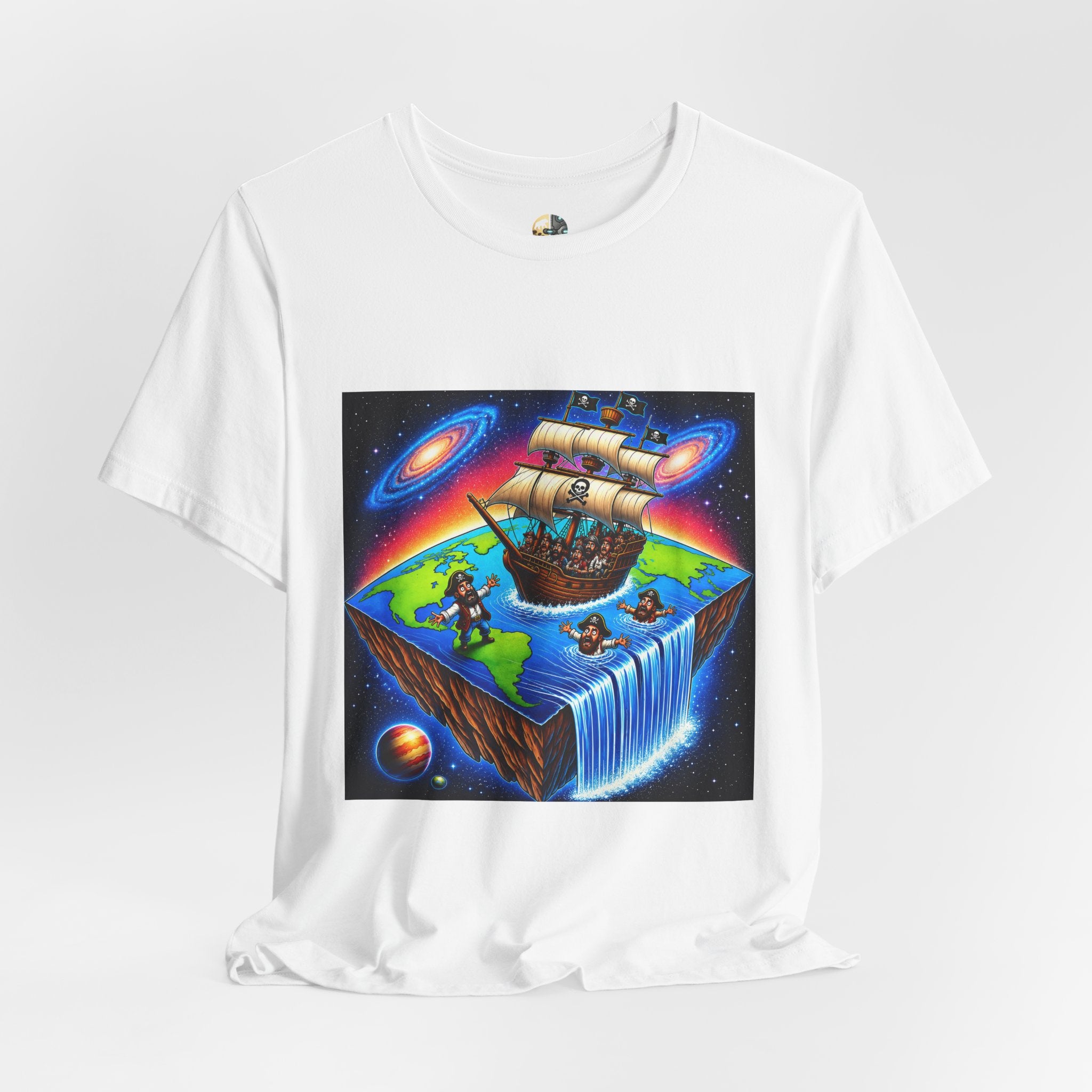 White T-shirt featuring a graphic of pirates on a ship sailing toward the edge of a flat Earth with a large waterfall into space