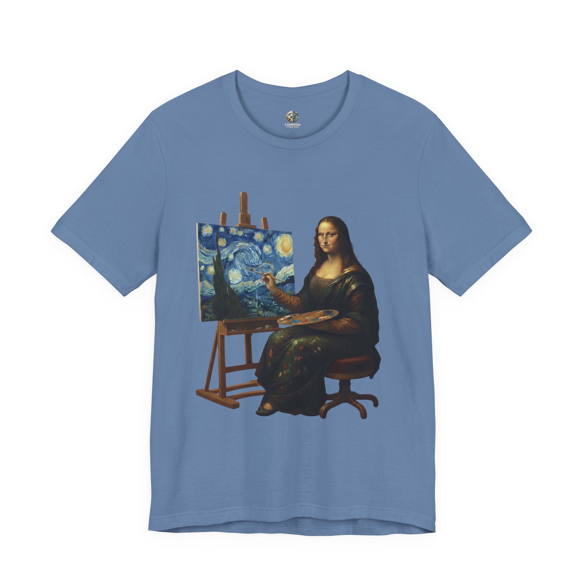 Lavender blue t-shirt with a graphic of the Mona Lisa painting ‘The Starry Night’