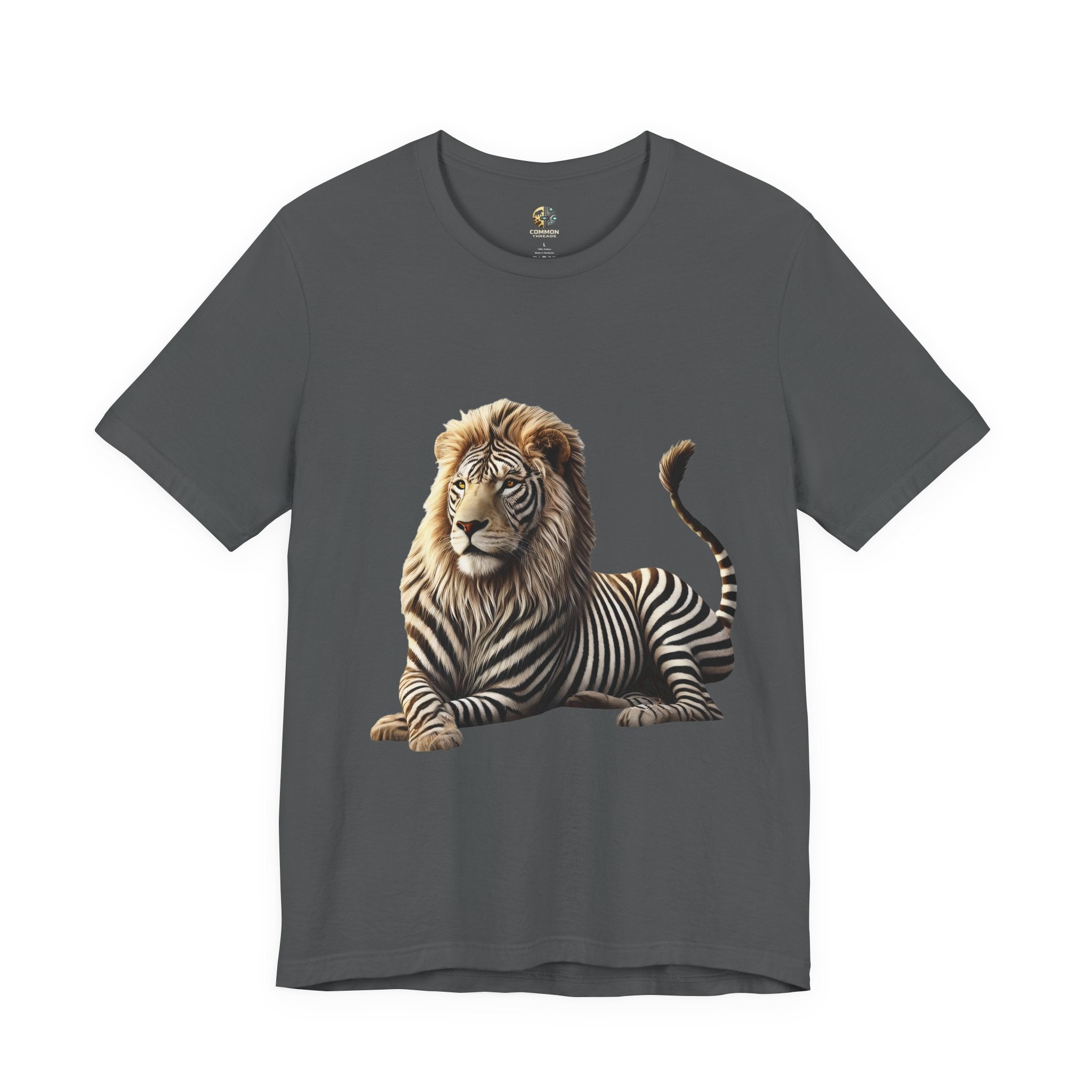 Asphalt grey T-shirt with graphic of a lion with zebra stripes