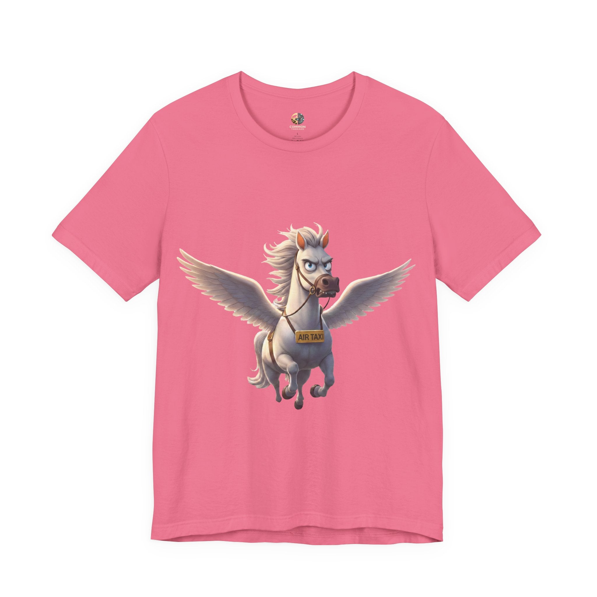 Charity pink t-shirt featuring a cartoon pegasus wearing a sign that reads “Air Taxi”