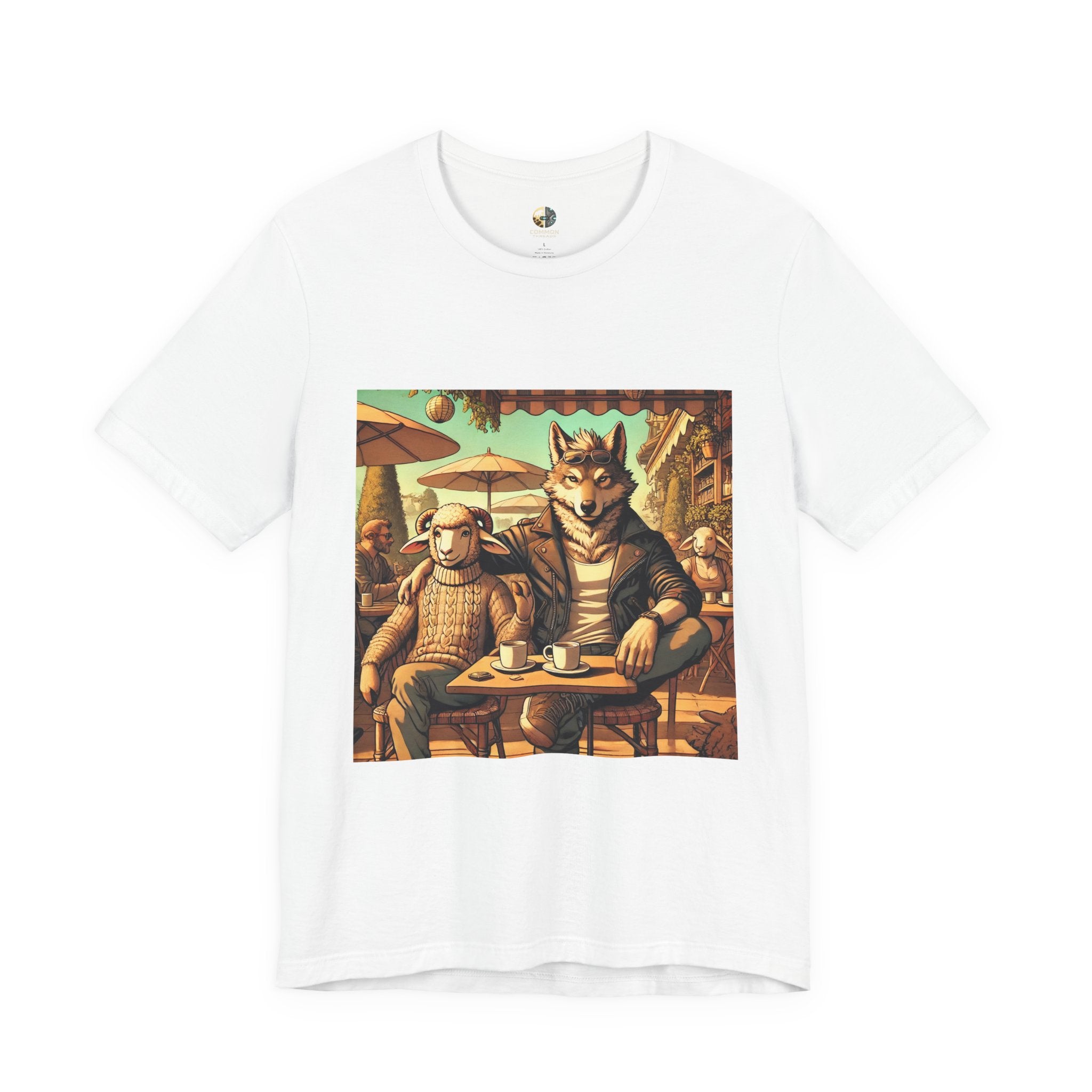 White T-shirt featuring an anthropomorphic wolf and lamb seated at a café table in warm, painterly style