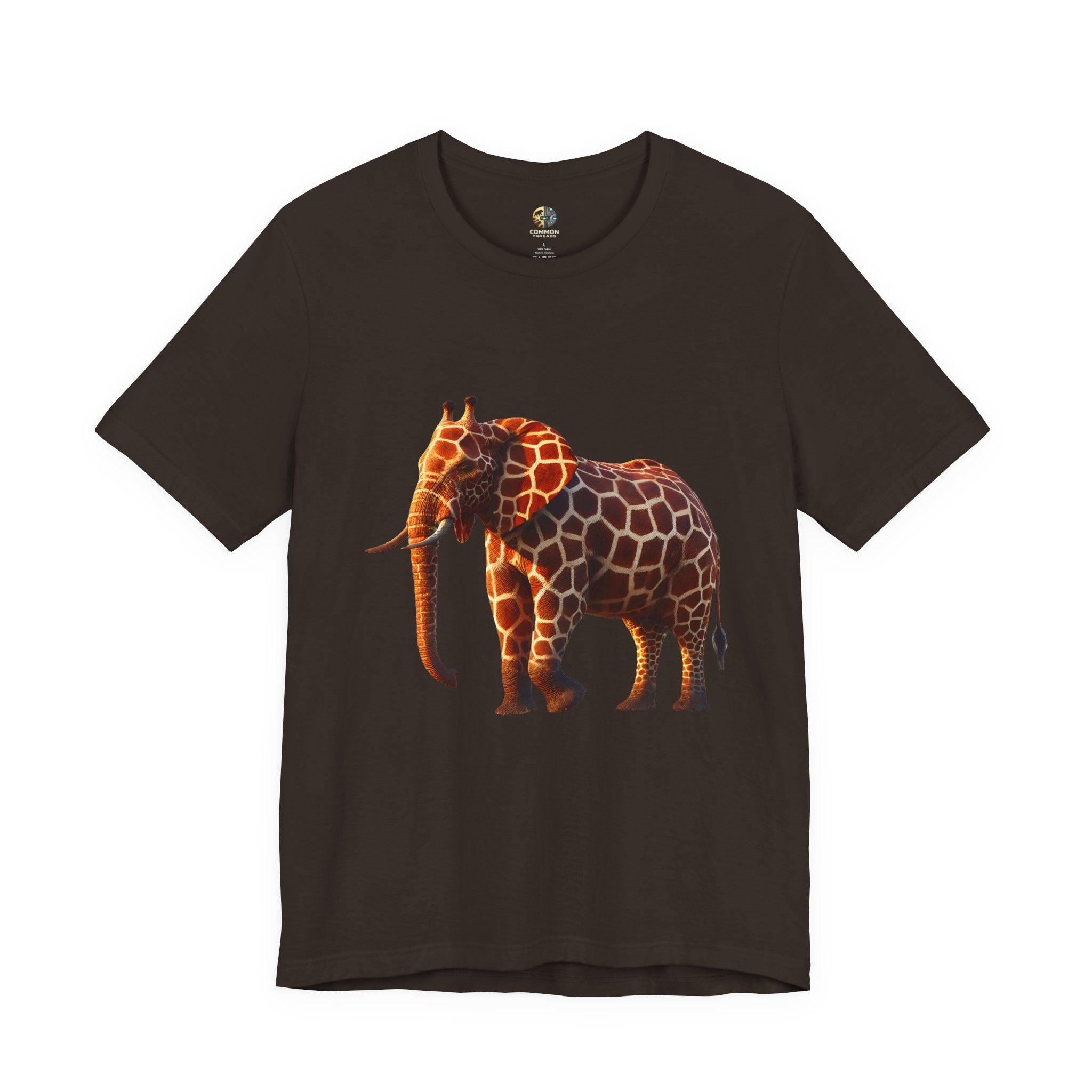 Brown T-shirt featuring an elephant–giraffe hybrid with giraffe patterns and small ossicones.