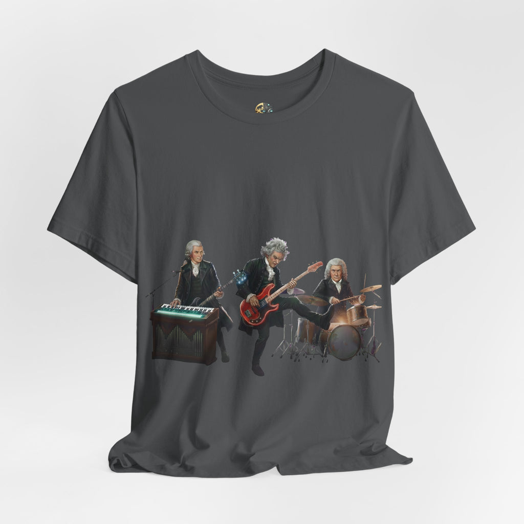 Asphalt grey t-shirt featuring Mozart on bass and keyboard, Beethoven on electric guitar, and Bach on drums in a rock band scene