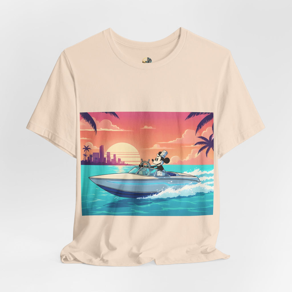 Soft creme color t-shirt with A 1920s-style riverboat mouse captain piloting a modern speedboat against a neon 1980s Miami-style sunset and skyline
