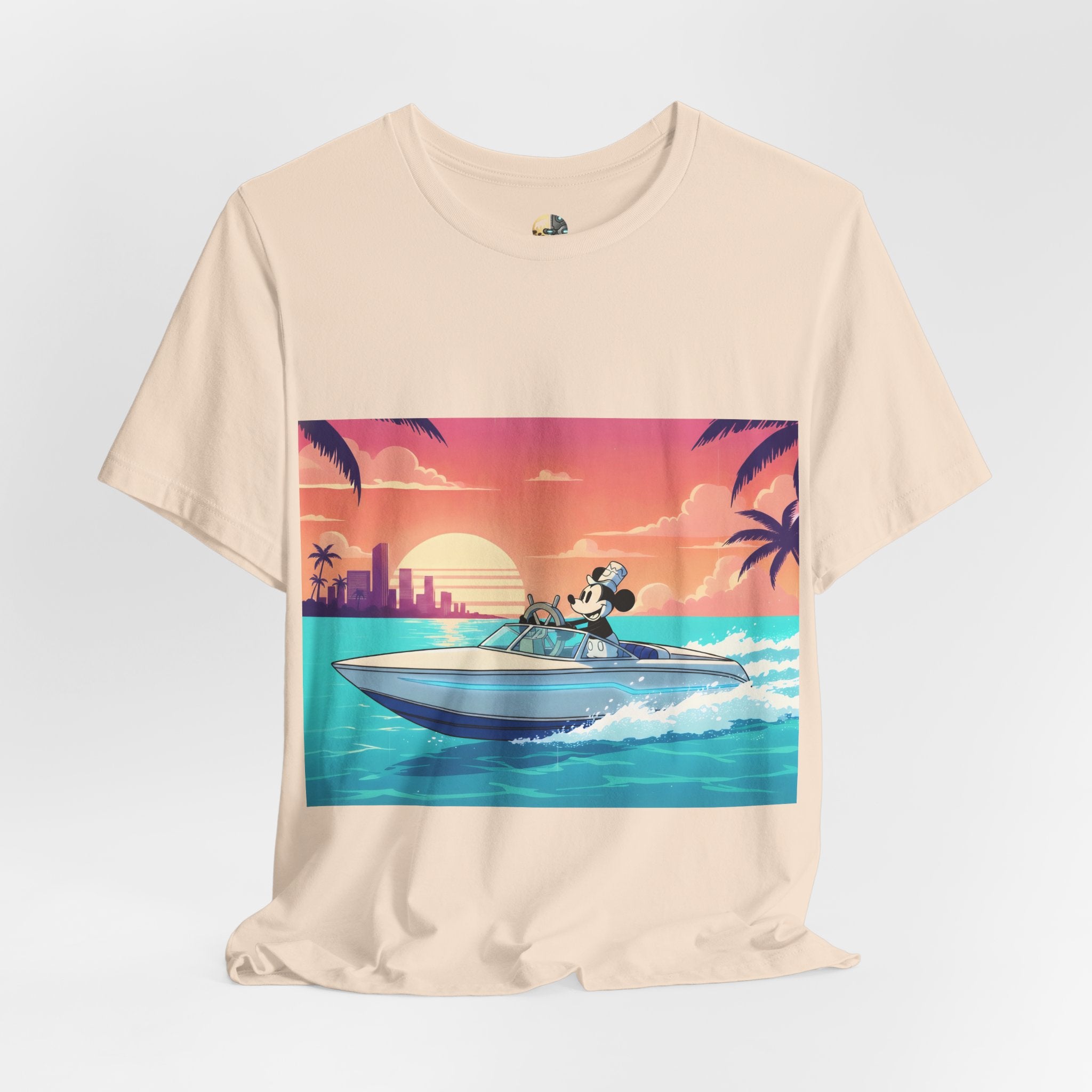 Soft creme color t-shirt with A 1920s-style riverboat mouse captain piloting a modern speedboat against a neon 1980s Miami-style sunset and skyline