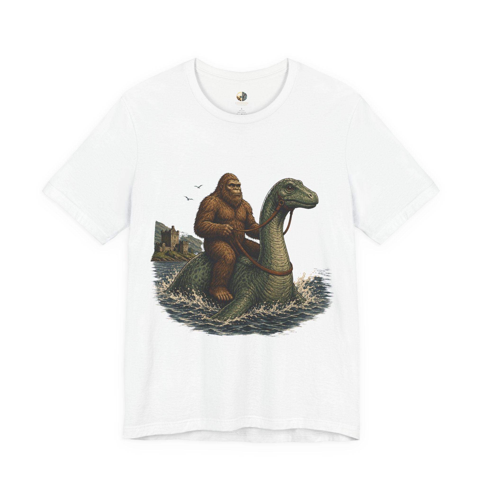 White t-shirt featuring bigfoot riding on the Loch Ness monster