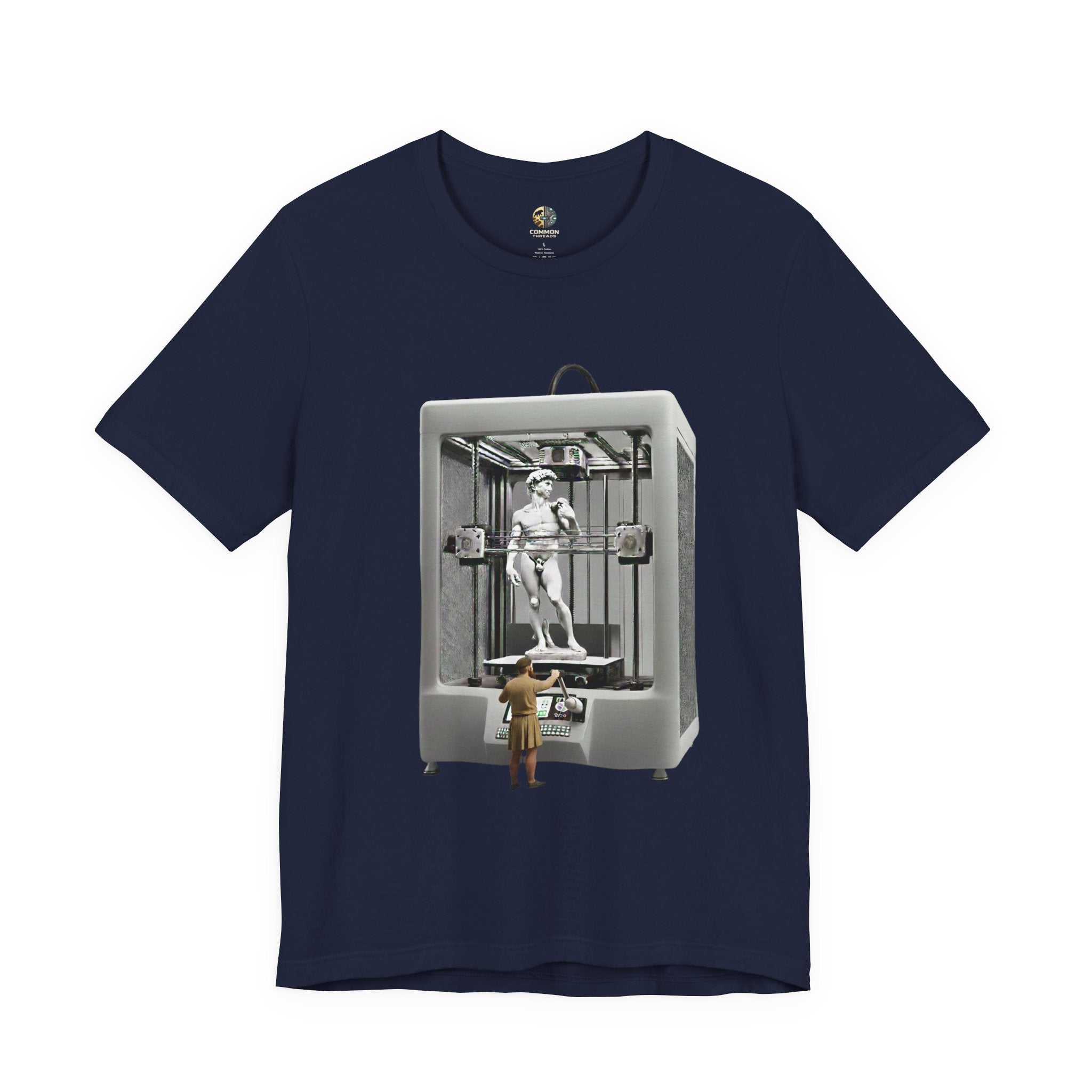 Navy blue T-shirt featuring a graphic of Michelangelo’s David statue being created inside a large 3D printer, with Michelangelo standing at the controls