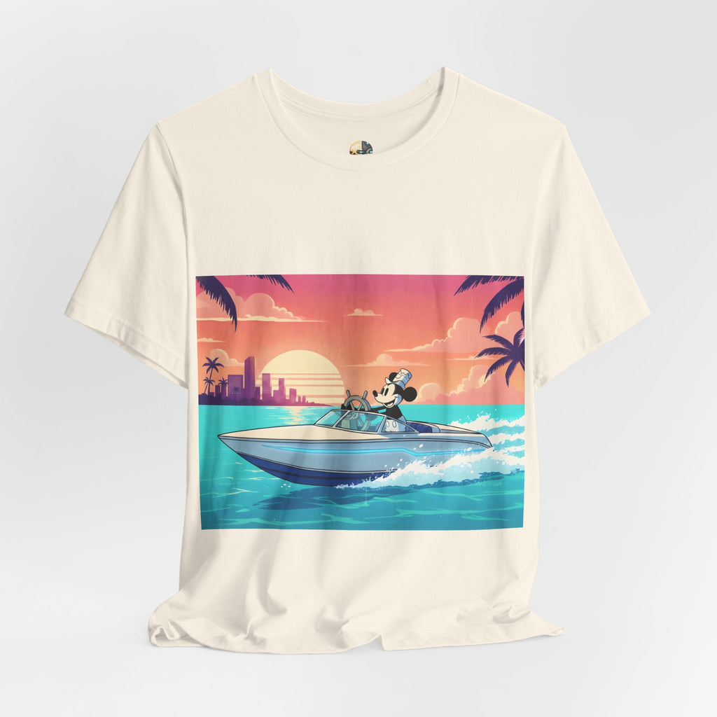 Natural color t-shirt with A 1920s-style riverboat mouse captain piloting a modern speedboat against a neon 1980s Miami-style sunset and skyline